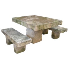 Antique Massive Cast Stone Slab Outdoor Table and Bench Set