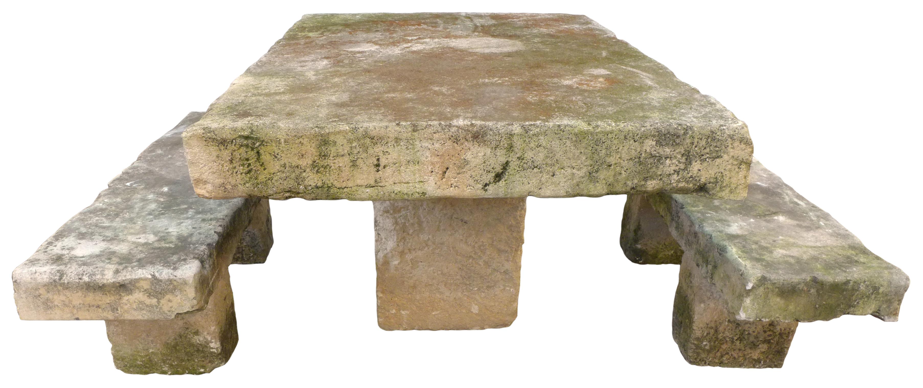 An incredible cast-stone slab outdoor table and bench set. An eye-popping set of truly megalithic proportions; simple structures consisting of thick slabs sitting atop commensurately chunky pedestal bases. Wearing a wonderful patina and worn edges