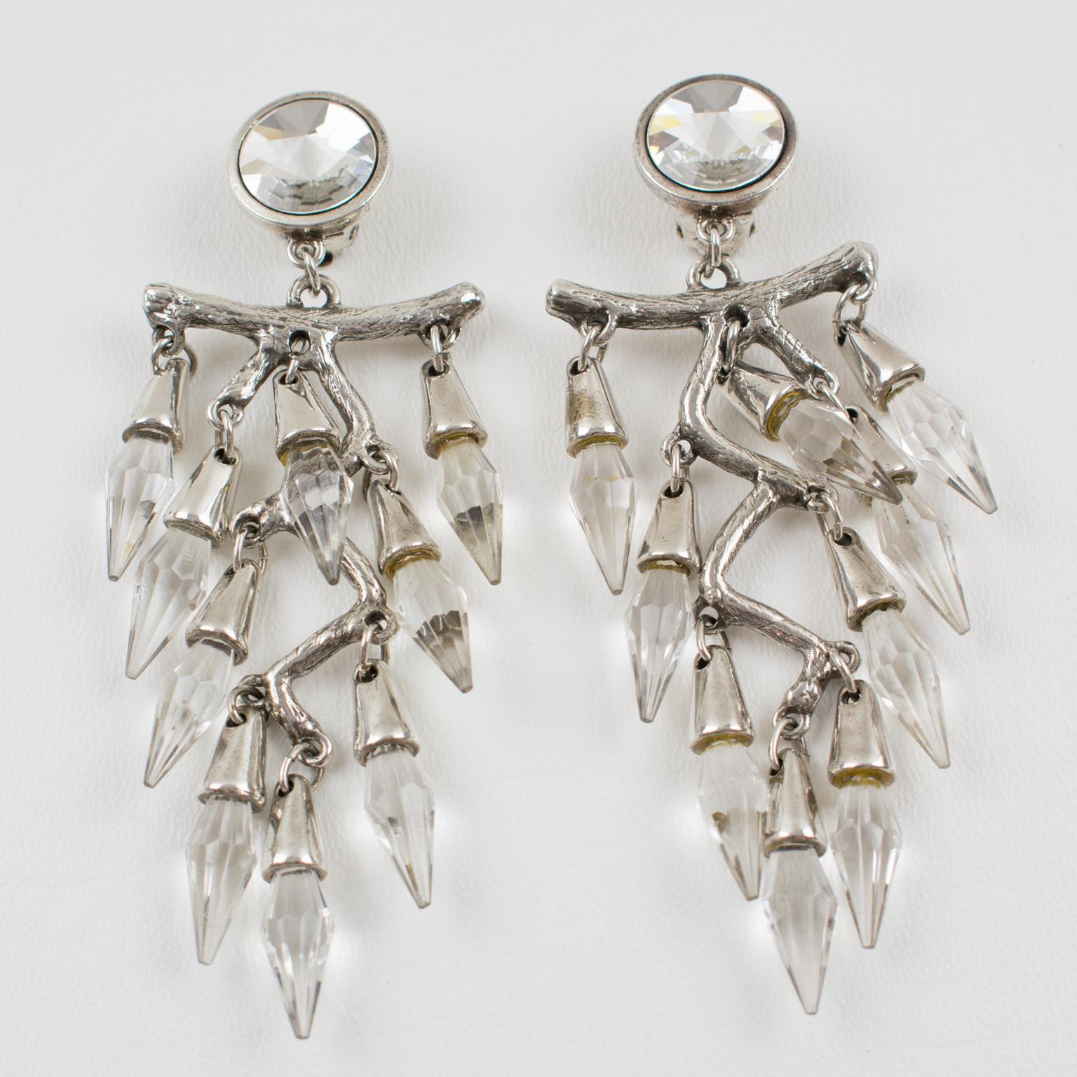 Modernist Massive Chandelier Silver Plate Clip Earrings with Dangle Crystal Drops For Sale