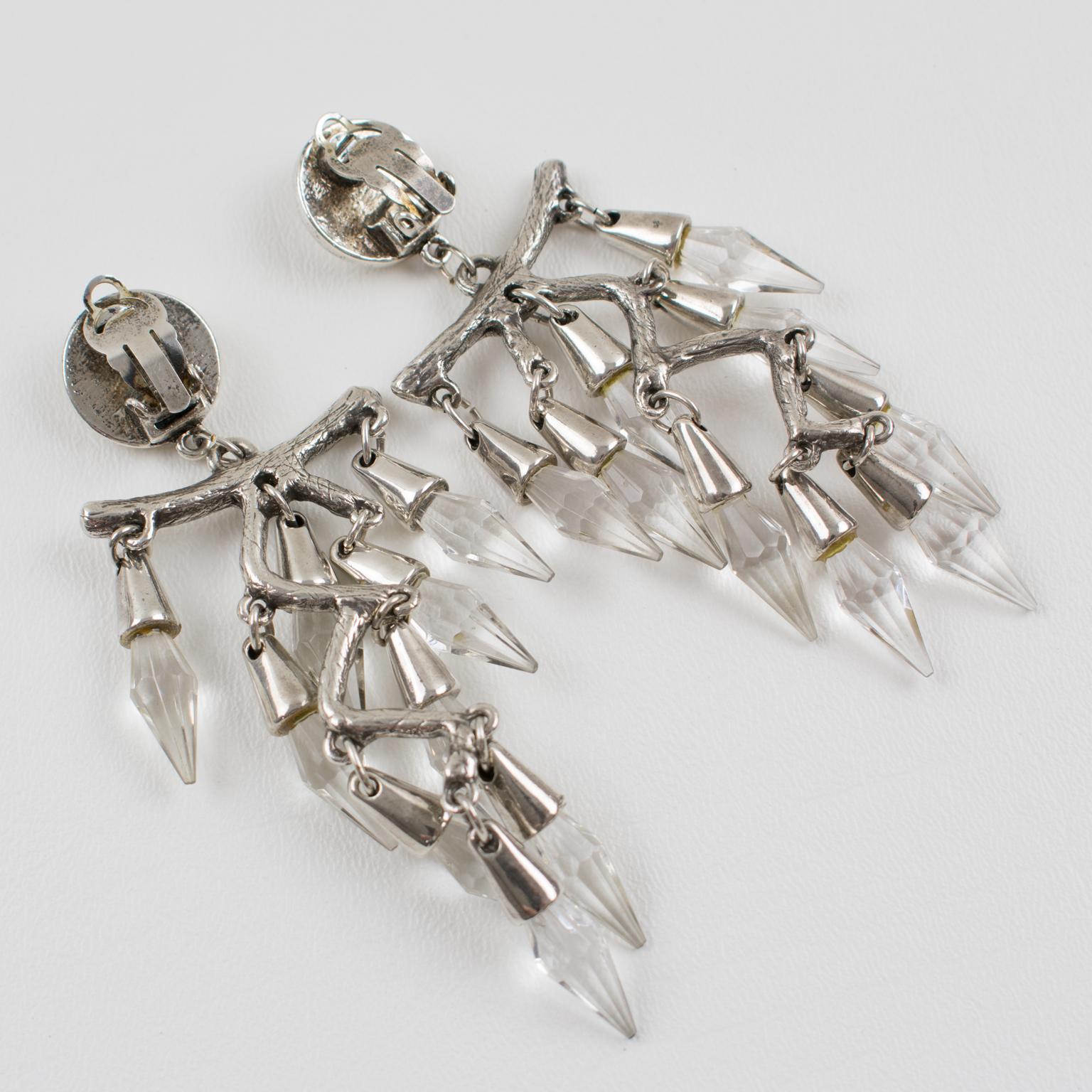 Massive Chandelier Silver Plate Clip Earrings with Dangle Crystal Drops In Excellent Condition For Sale In Atlanta, GA