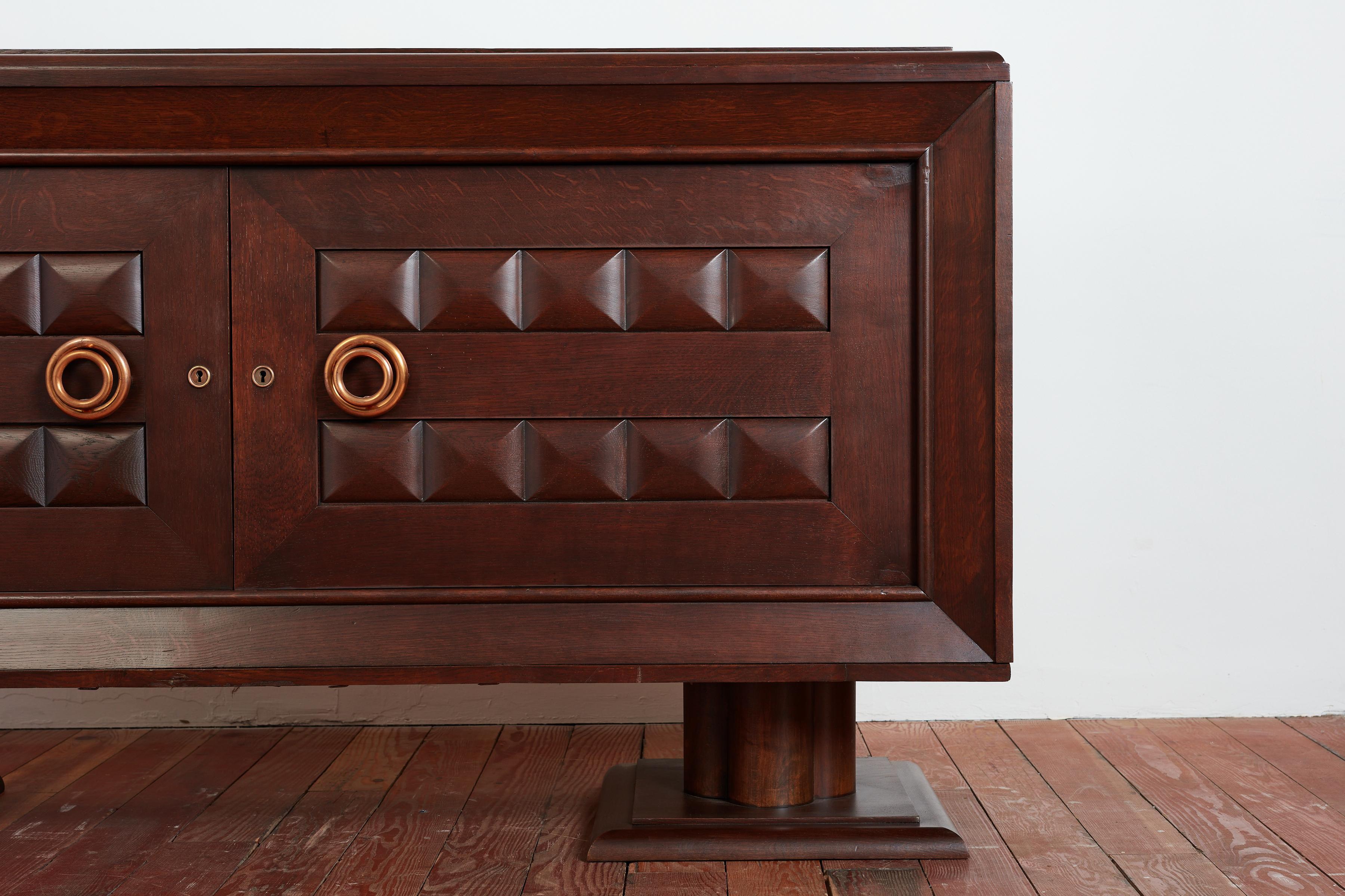 Massive Charles Dudouyt Oak Sideboard w/ brass circle handles For Sale 4