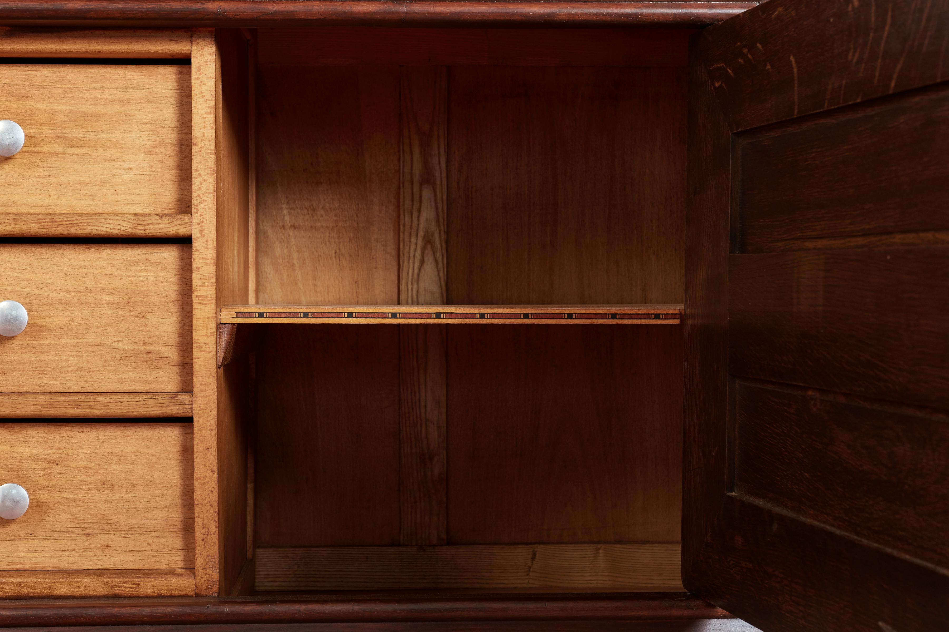 Massive Charles Dudouyt Oak Sideboard w/ brass circle handles For Sale 8
