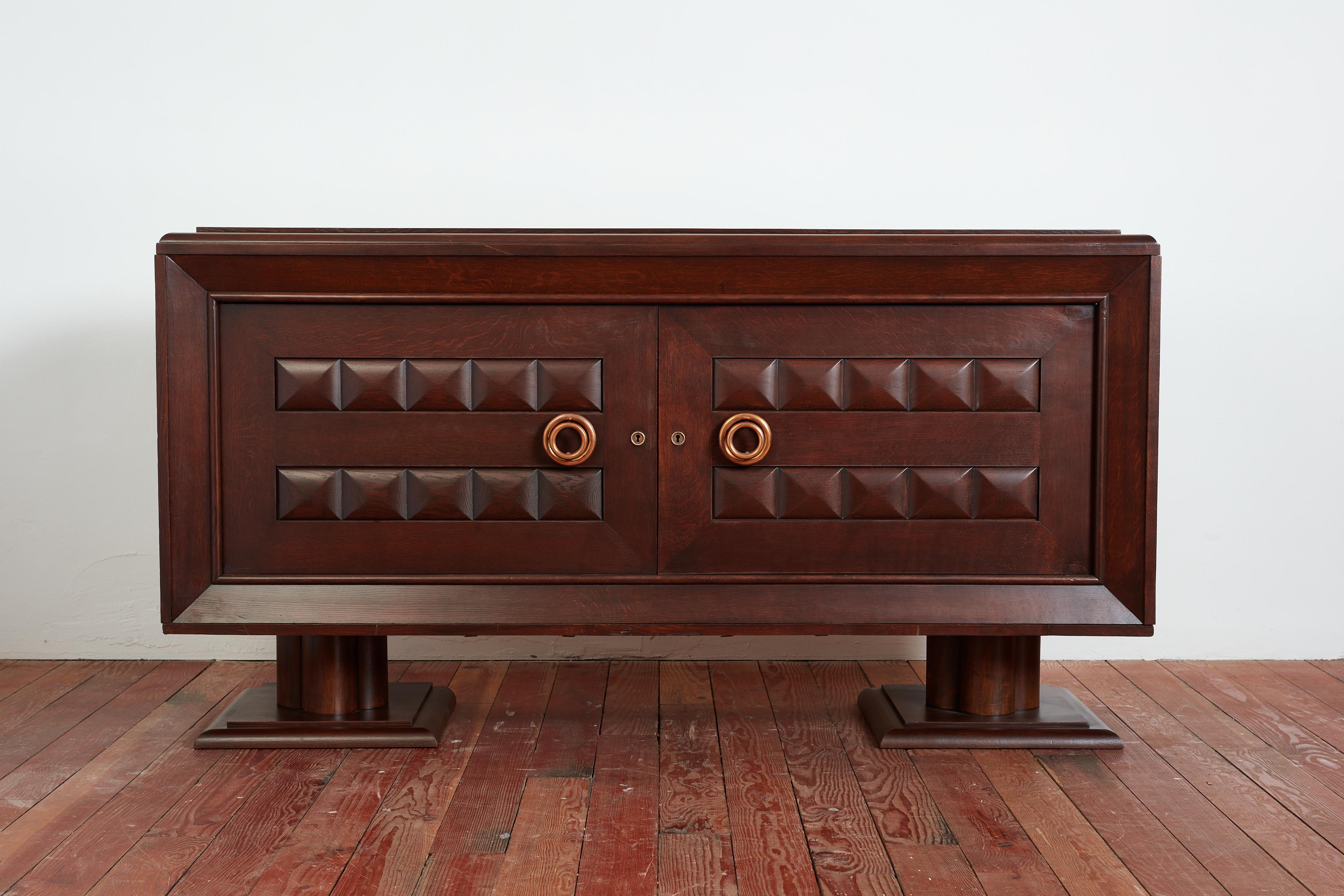 French Massive Charles Dudouyt Oak Sideboard w/ brass circle handles For Sale