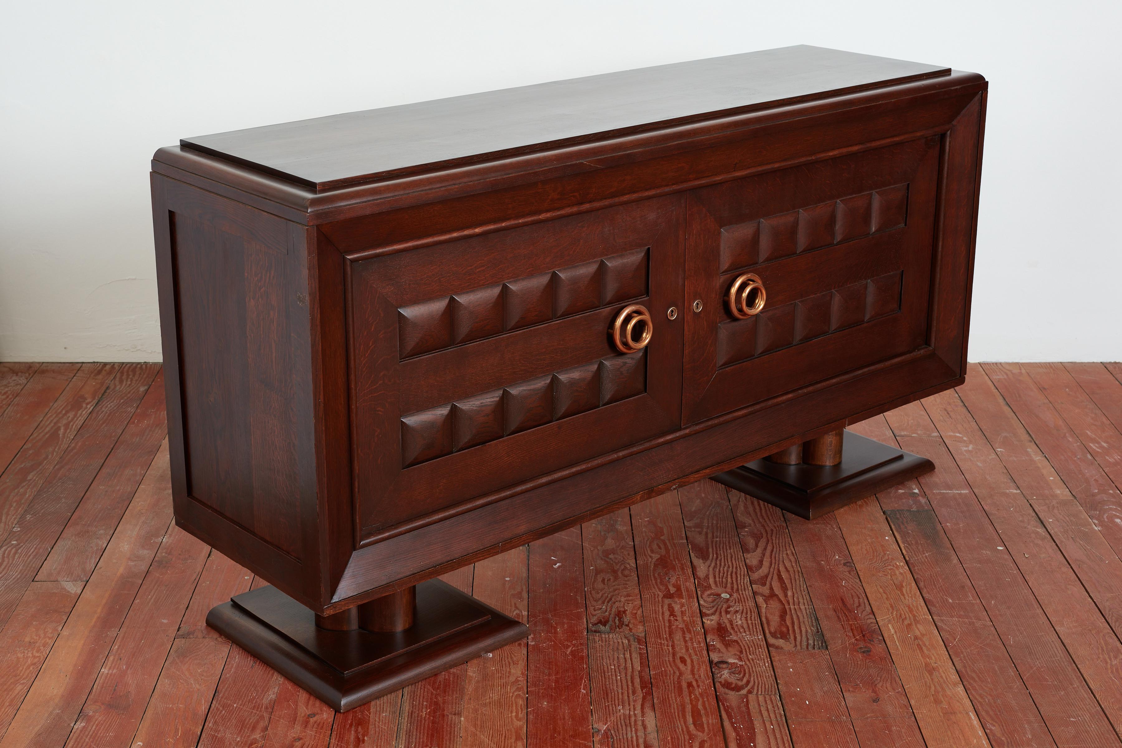 Massive Charles Dudouyt Oak Sideboard w/ brass circle handles In Good Condition For Sale In Beverly Hills, CA