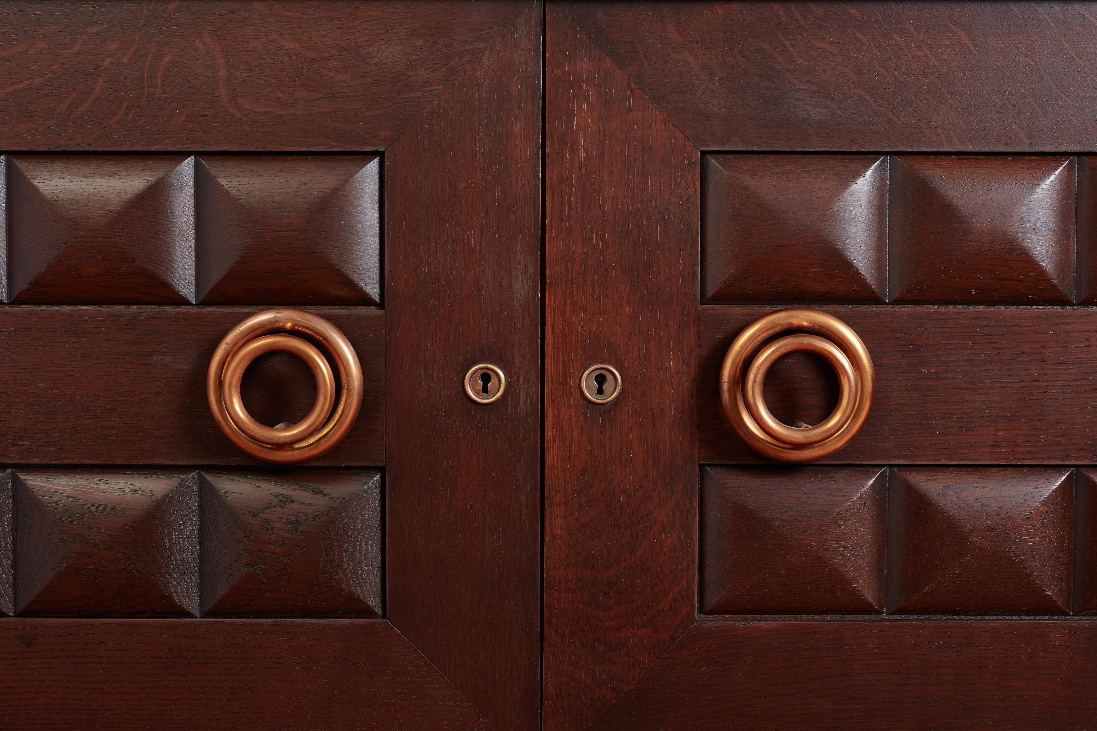 Mid-20th Century Massive Charles Dudouyt Oak Sideboard w/ brass circle handles For Sale