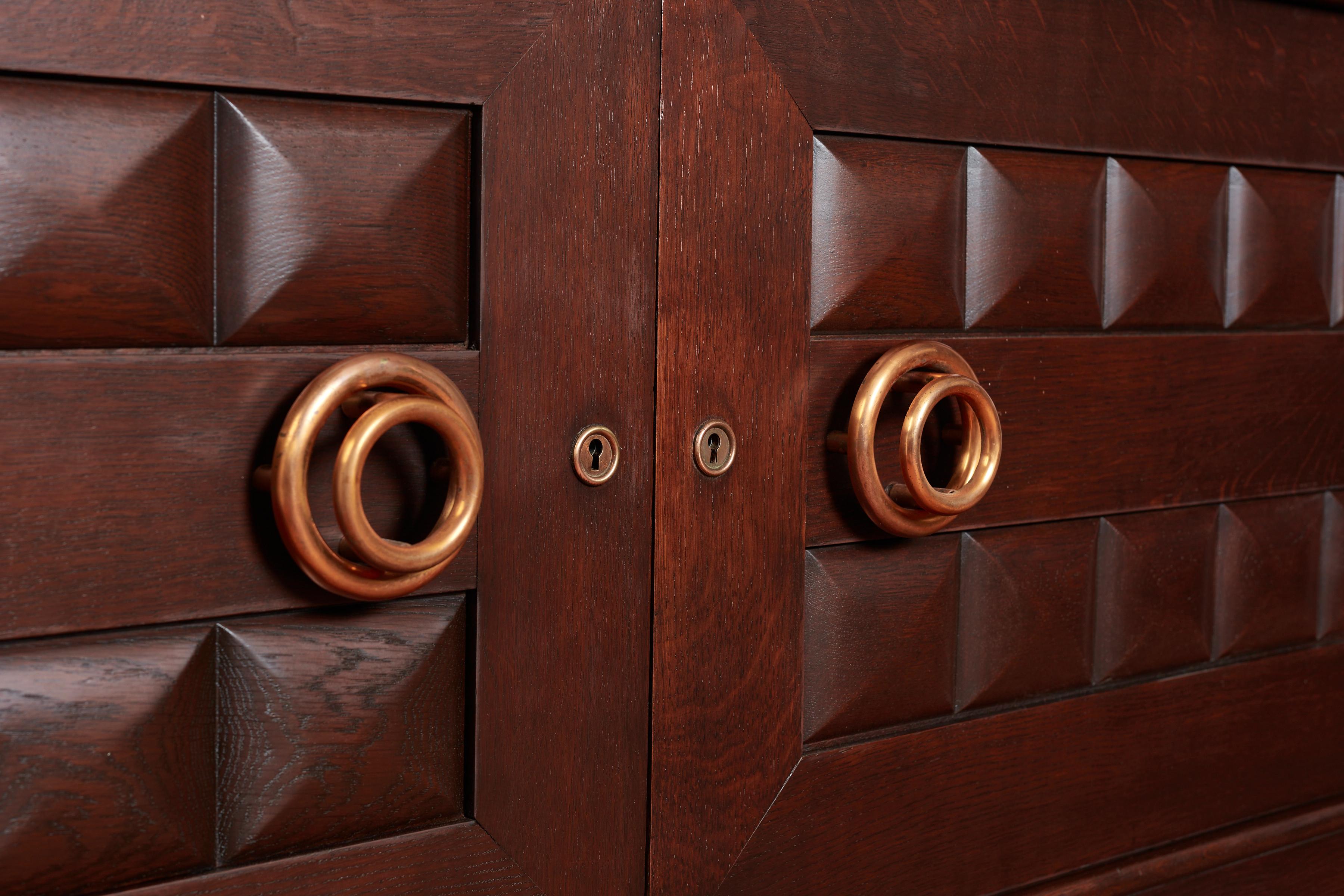 Brass Massive Charles Dudouyt Oak Sideboard w/ brass circle handles For Sale