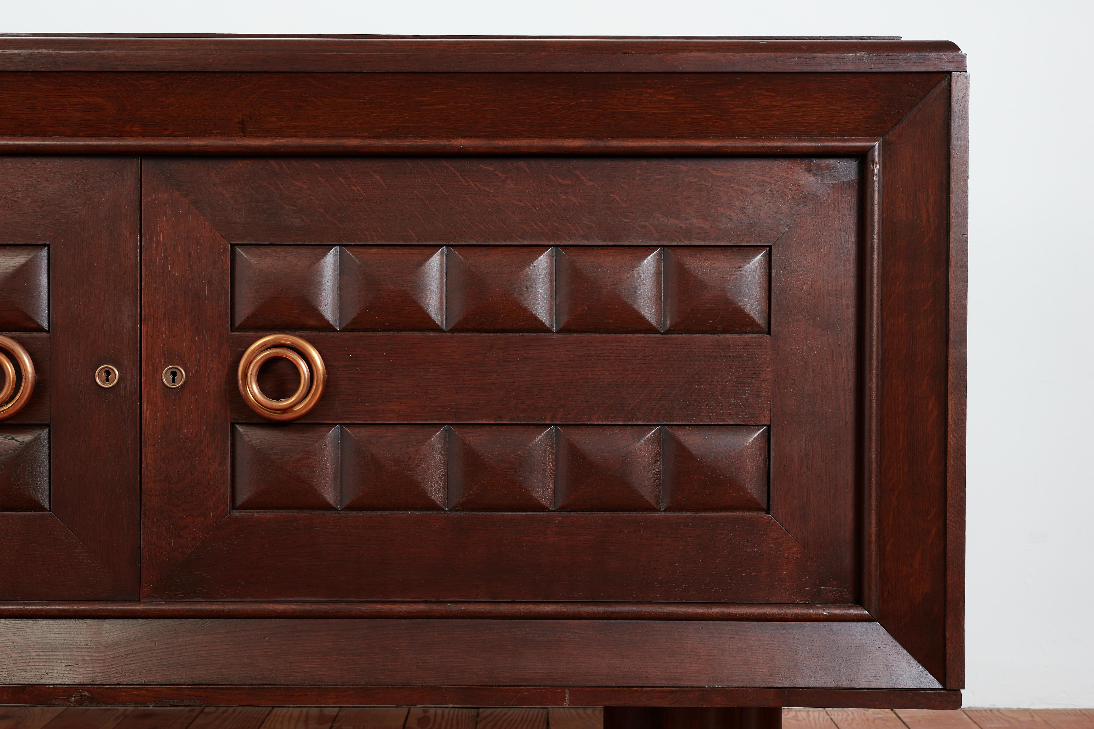 Massive Charles Dudouyt Oak Sideboard w/ brass circle handles For Sale 3