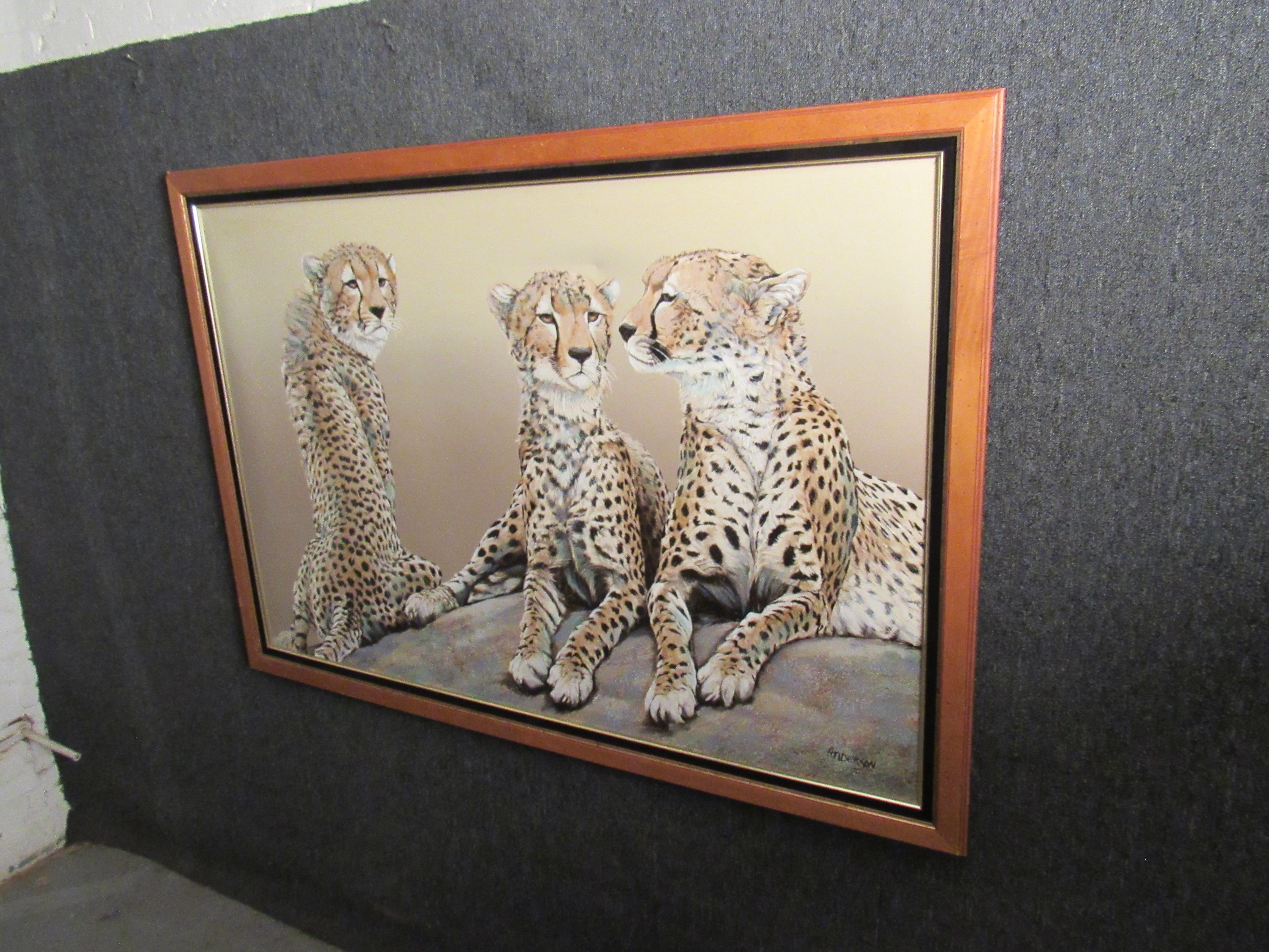 Turn your wall into a force of nature with this immersive, massive work of art. Created by mid-century American artist Anderson, it features an imposing coalition (or pack) of 3 big cat cheetahs rendered in beautiful oil paints on genuine canvas