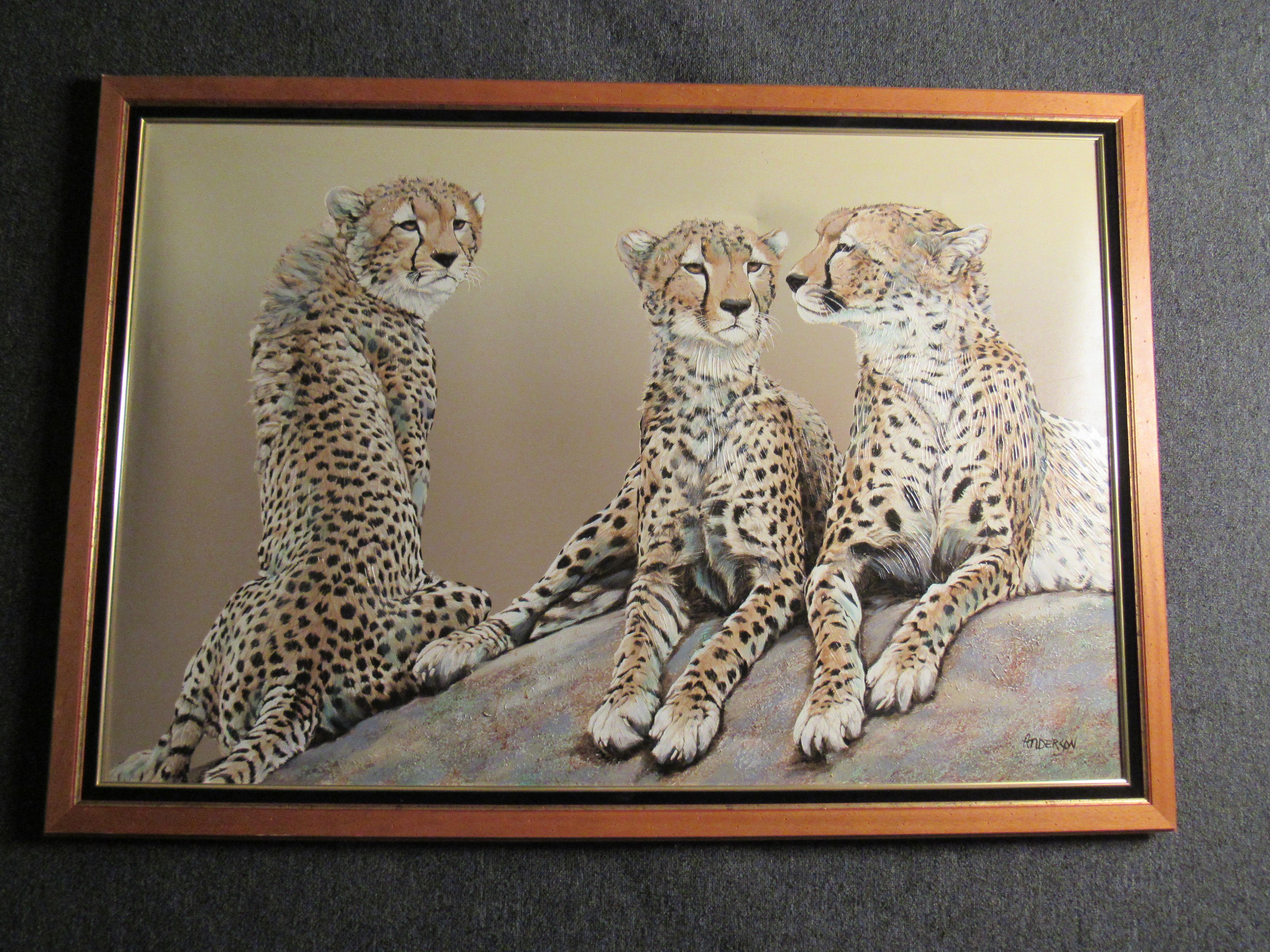 Fabric Massive Cheetah Coalition Oil Painting by Anderson For Sale