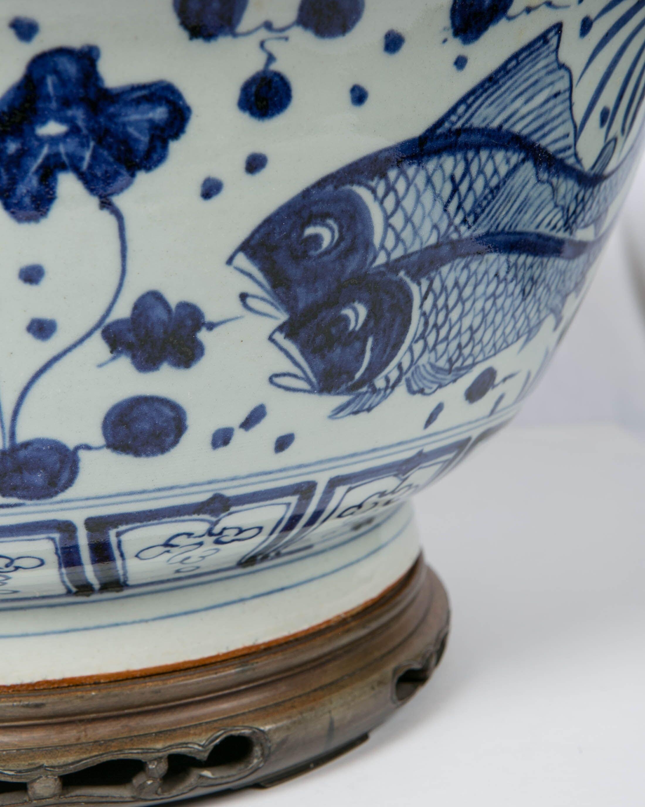 Massive Chinese Blue and White Punch Bowl Decorated with Fish 5