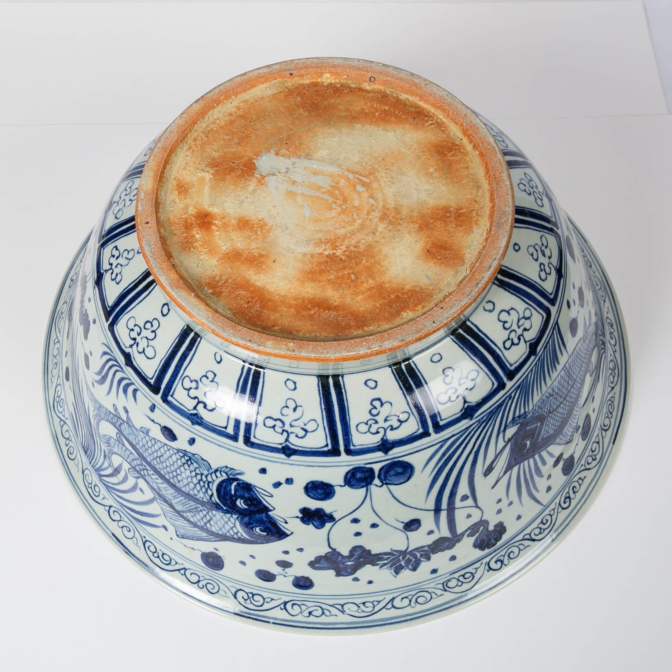 Massive Chinese Blue and White Punch Bowl Decorated with Fish 6