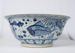 Massive Chinese Blue and White Punch Bowl Decorated with Fish