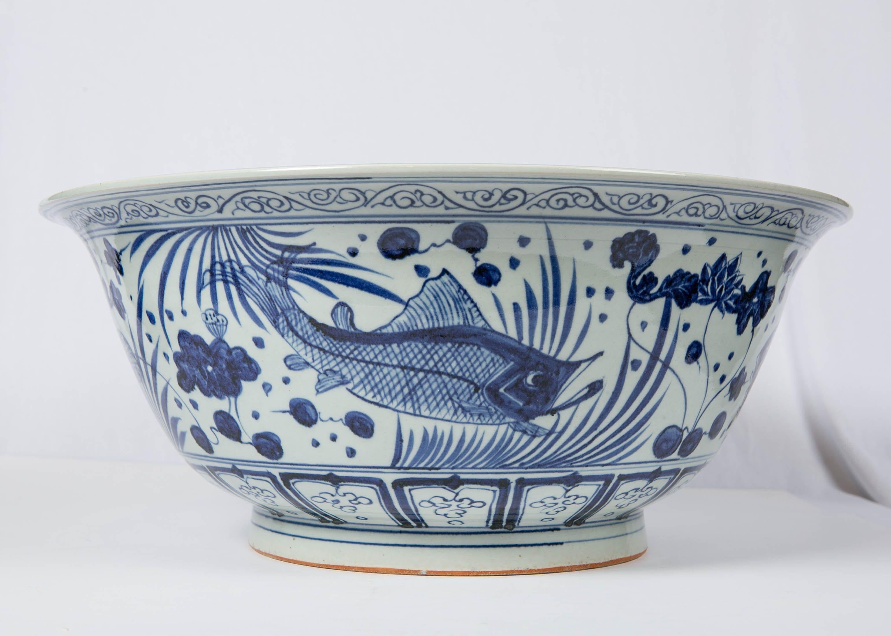 Ming Massive Chinese Blue and White Punch Bowl Decorated with Fish