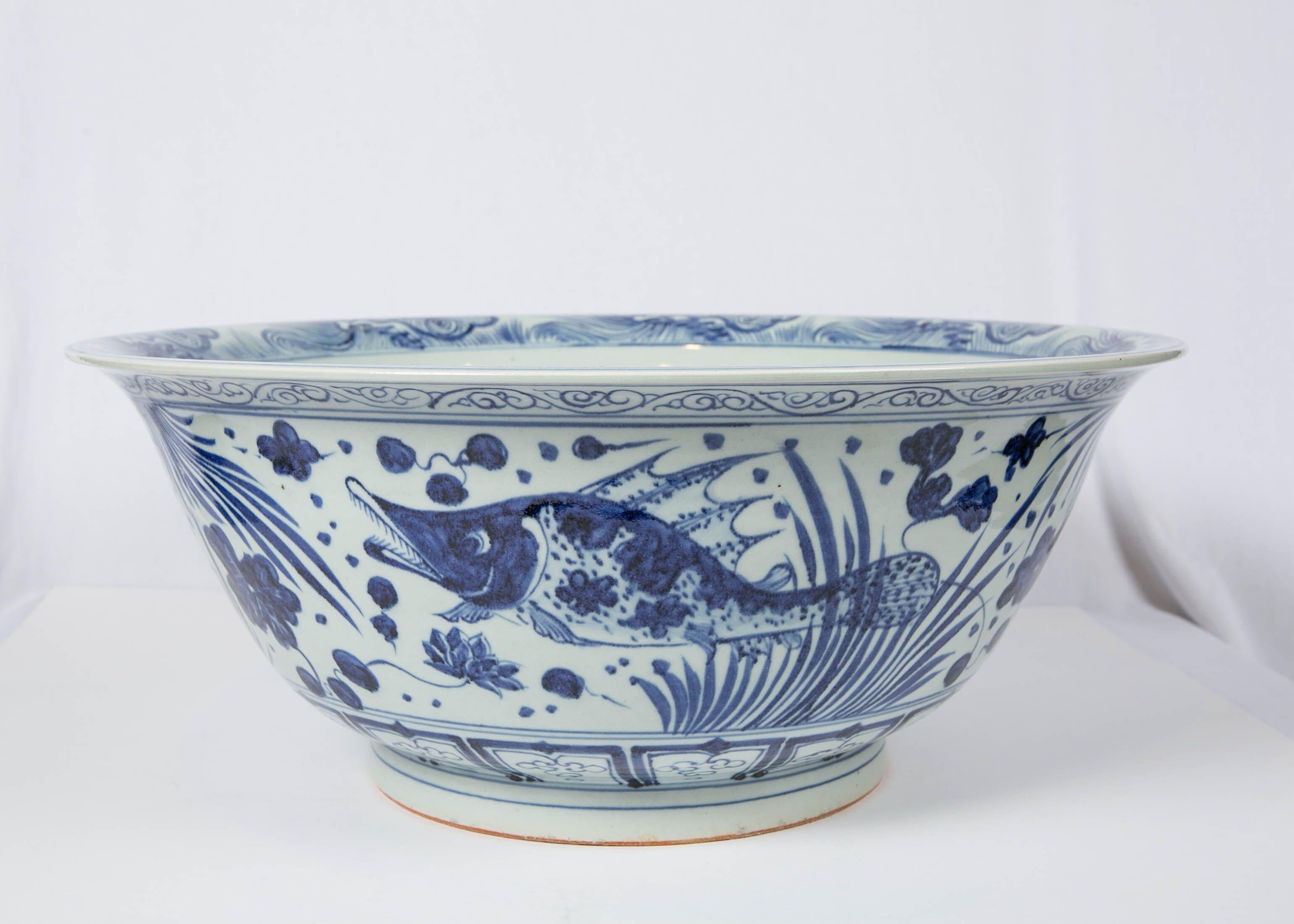 Hand-Painted Massive Chinese Blue and White Punch Bowl Decorated with Fish