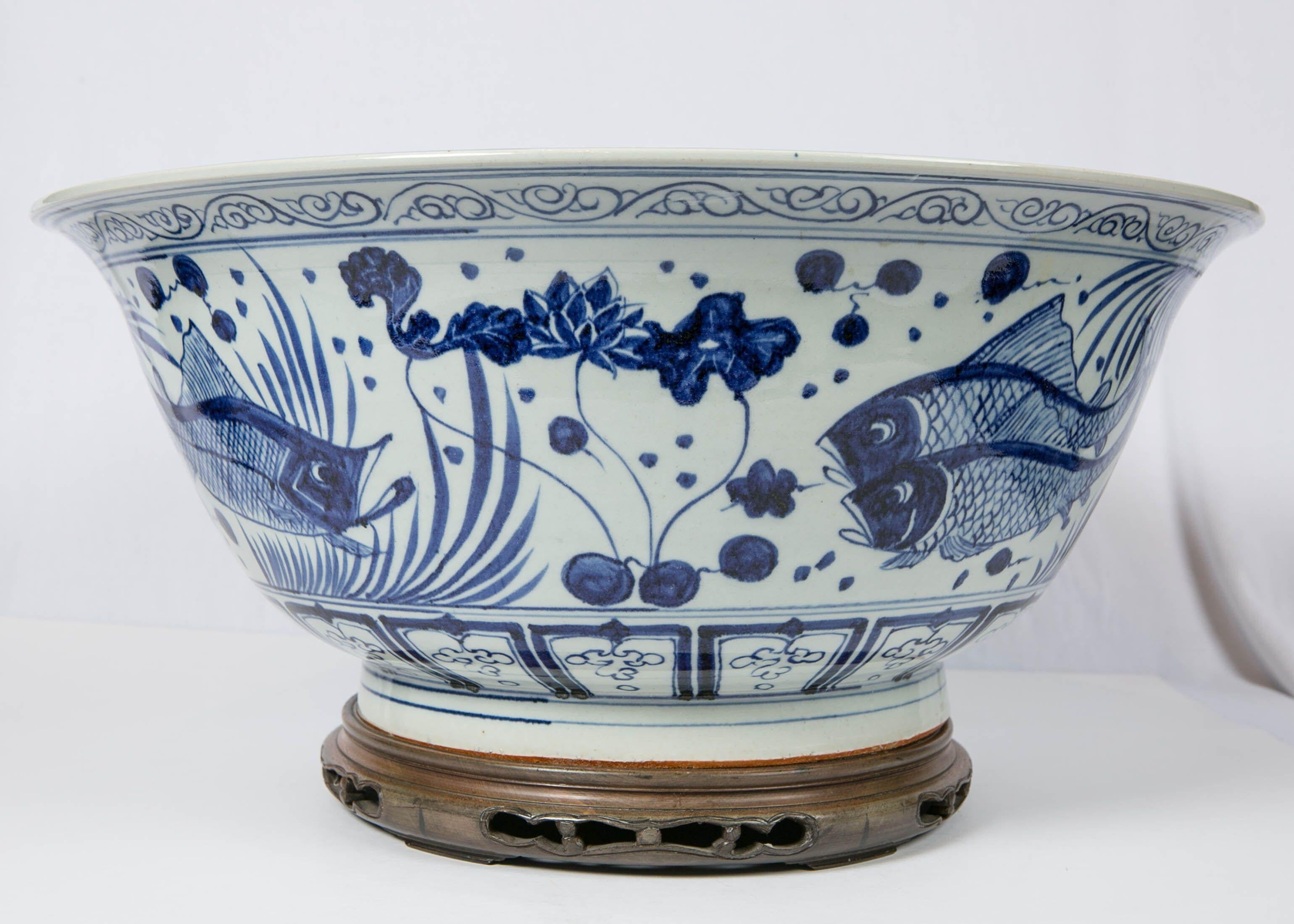 20th Century Massive Chinese Blue and White Punch Bowl Decorated with Fish