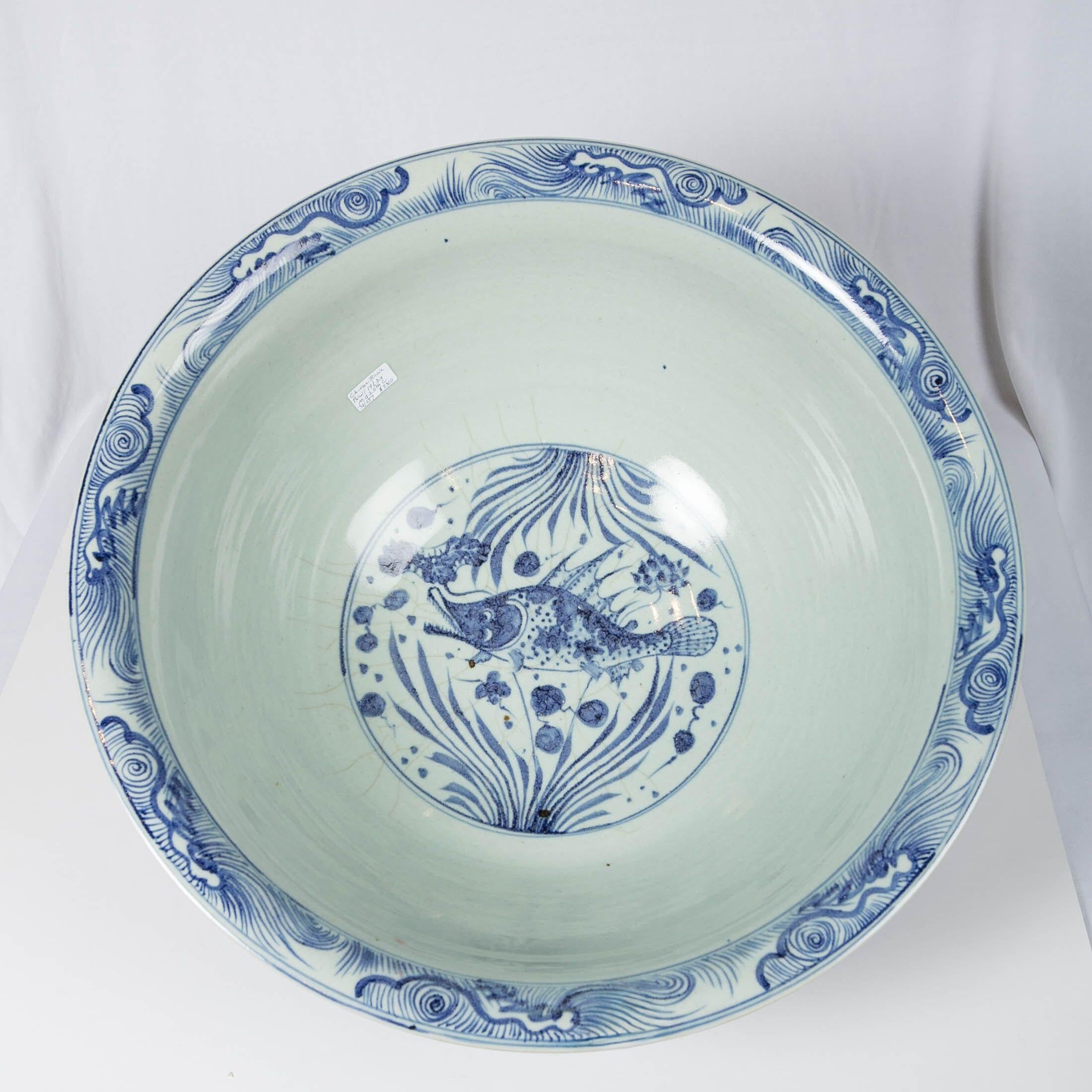 Stoneware Massive Chinese Blue and White Punch Bowl Decorated with Fish