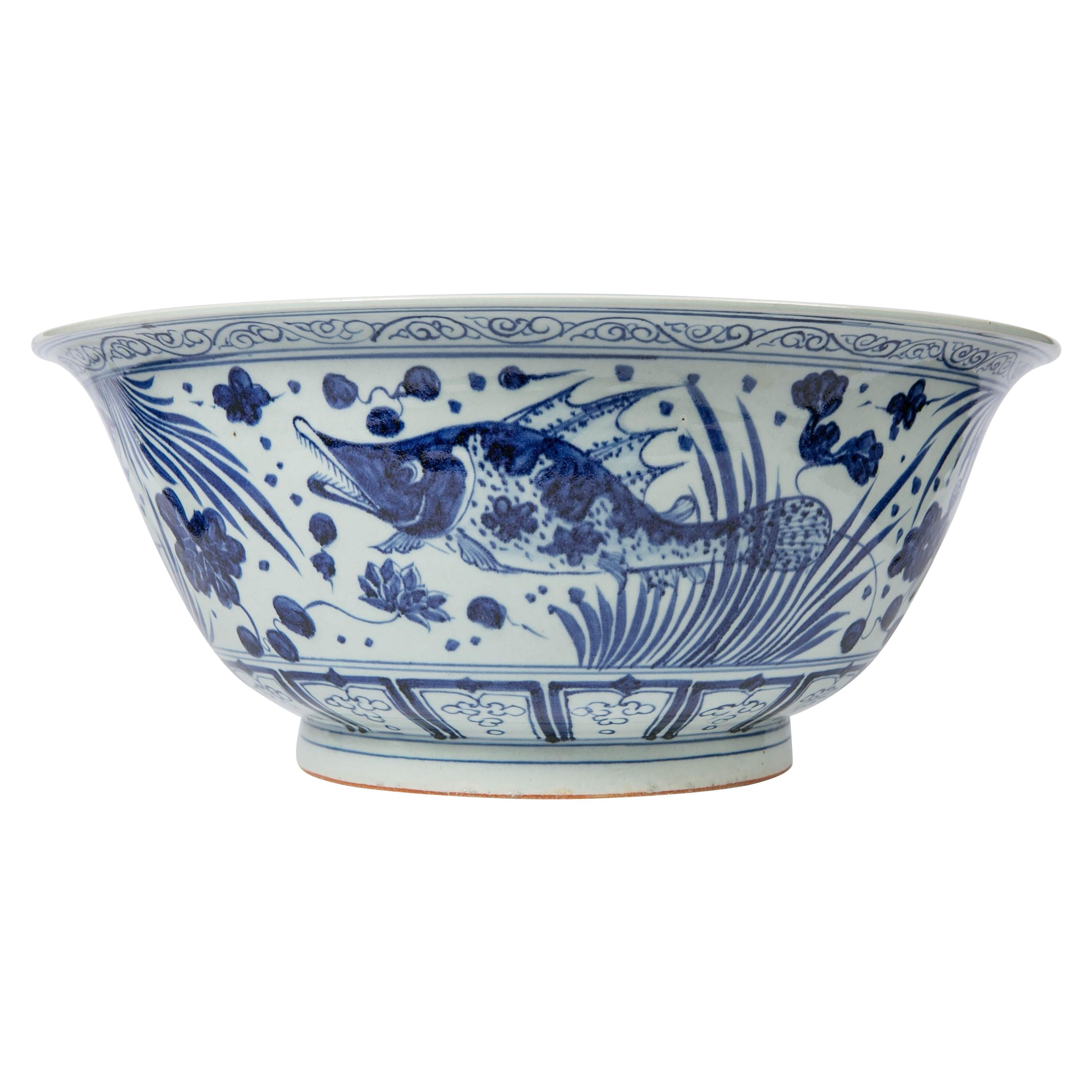 Massive Chinese Blue and White Punch Bowl Decorated with Fish