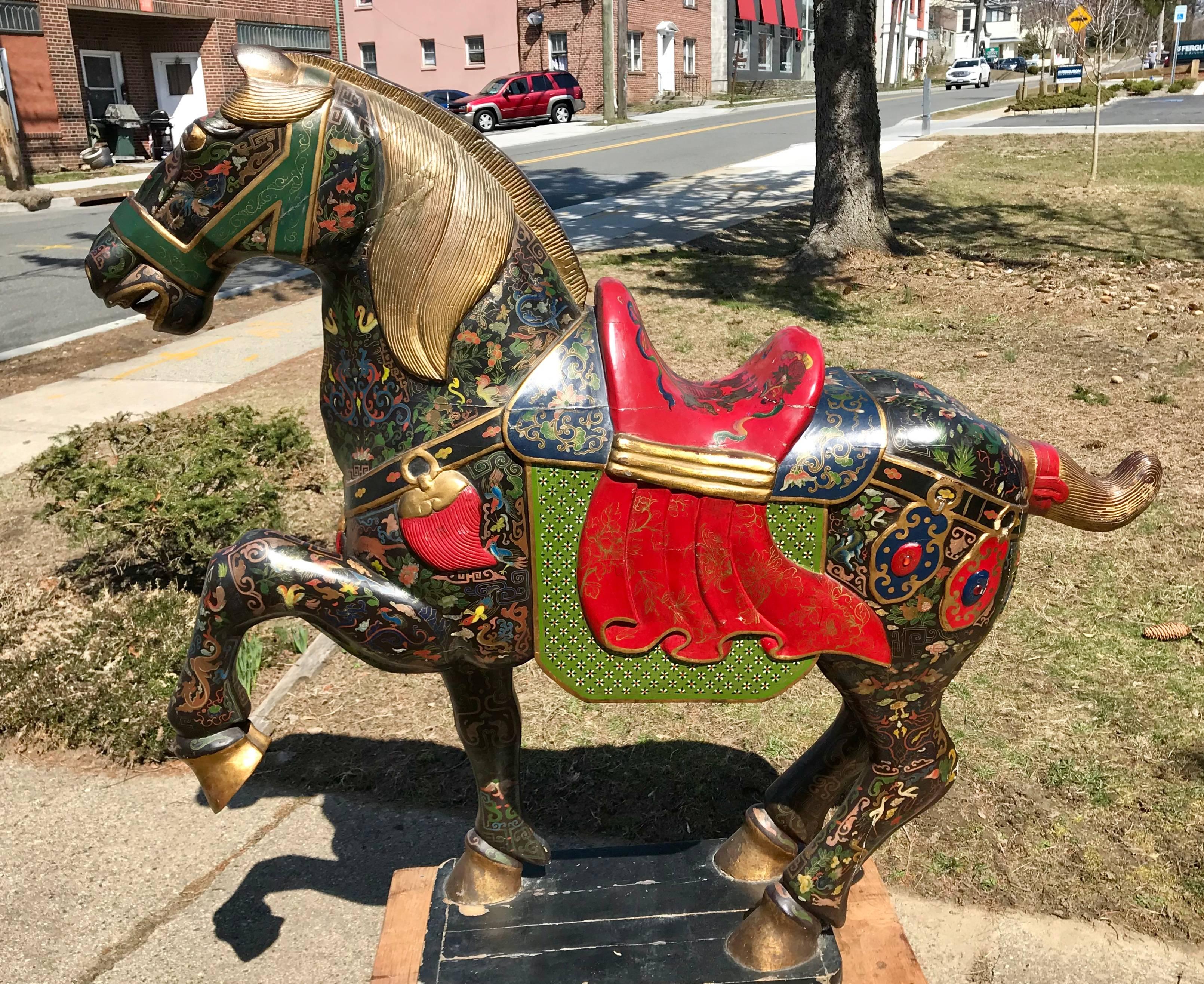 Chinese Horse Sculpture, Hand-Carved & Painted with Gold Gilt, Mid-20th Century 6