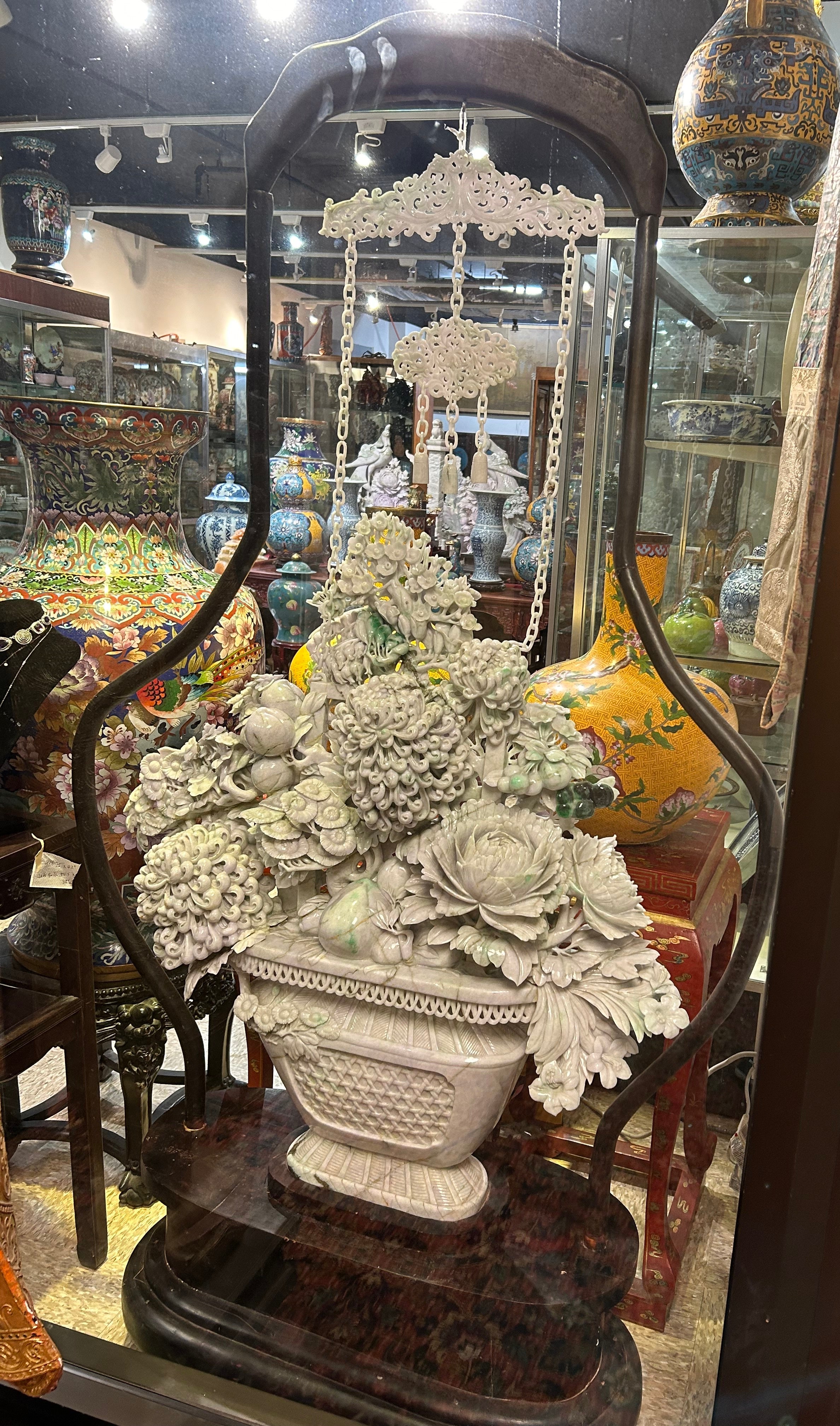 Massive Chinese jade flower basket carving