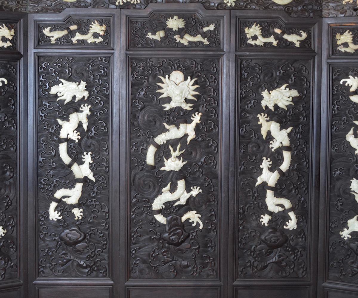 Chinese Export Massive Chinese Jade Screen with Jade Dragons Among Intricately Carved Clouds For Sale