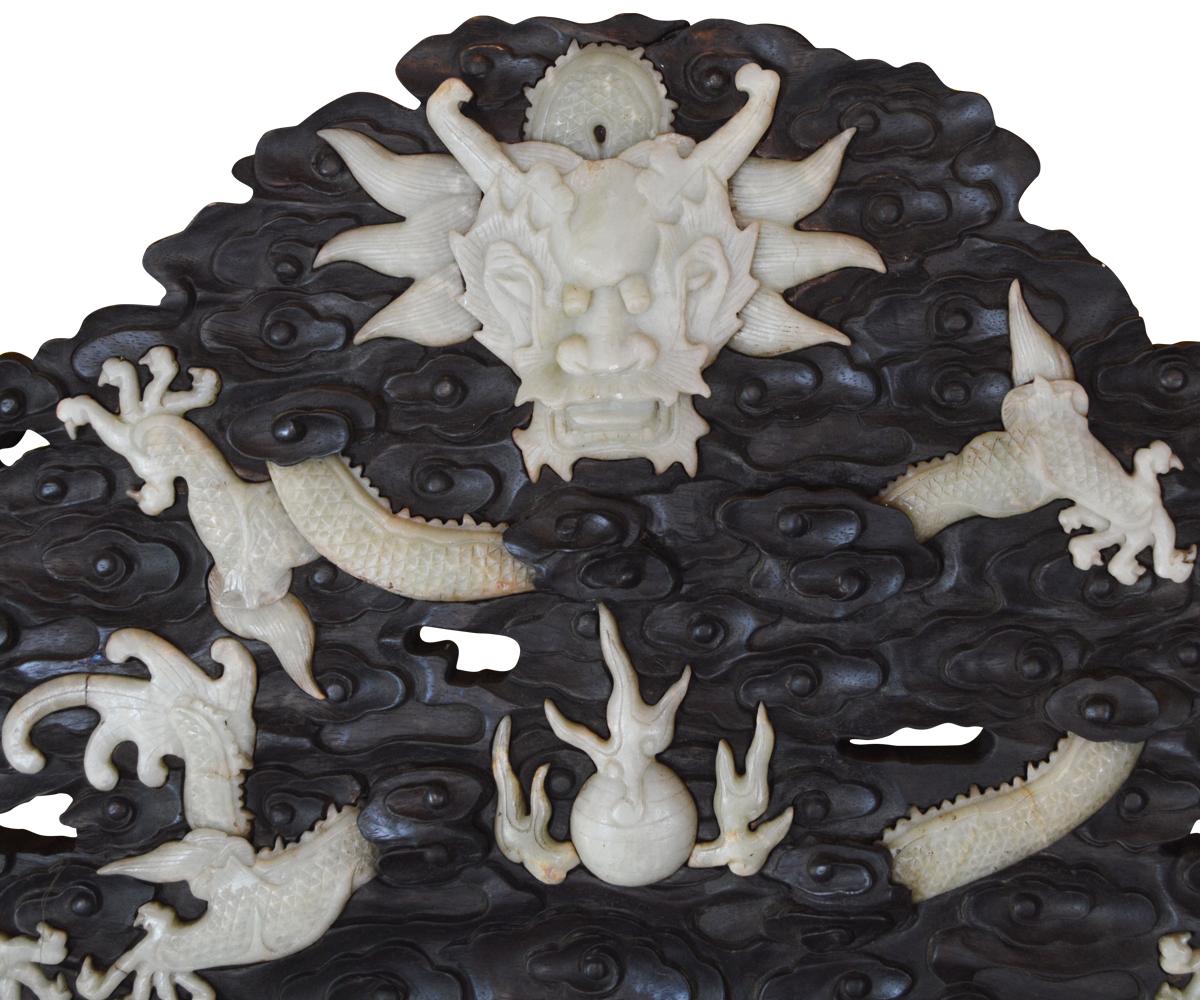 Massive Chinese Jade Screen with Jade Dragons Among Intricately Carved Clouds In Good Condition For Sale In Laguna Beach, CA
