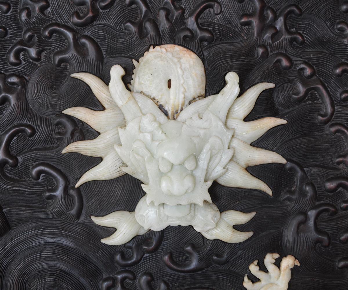 Massive Chinese Jade Screen with Jade Dragons Among Intricately Carved Clouds For Sale 1