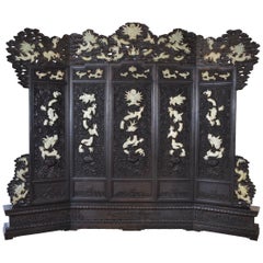 Antique Massive Chinese Jade Screen with Jade Dragons Among Intricately Carved Clouds