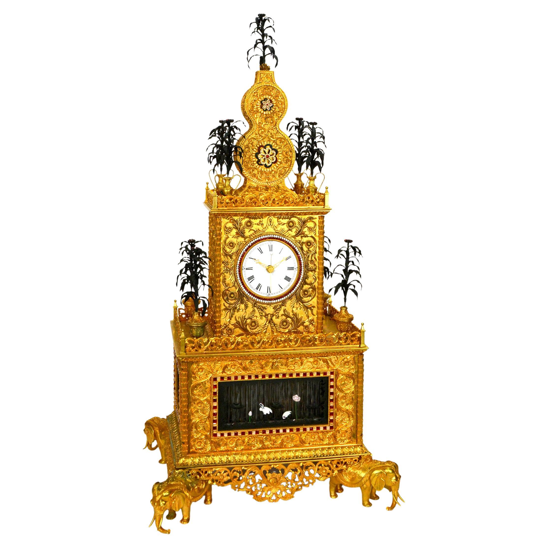 Massive Chinese Ormolu High Relief Gilt Bronze Automaton Musical Clock For Sale