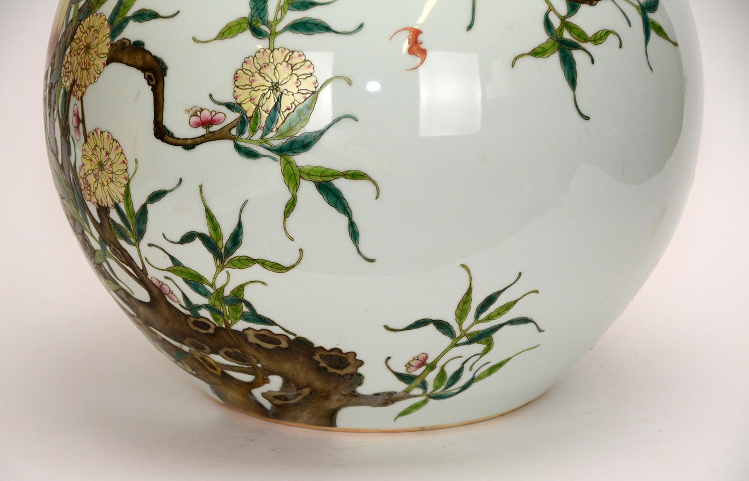 Massive Chinese Qing Style Famille Rose Longevity Peach Globular Porcelain Vase For Sale 5