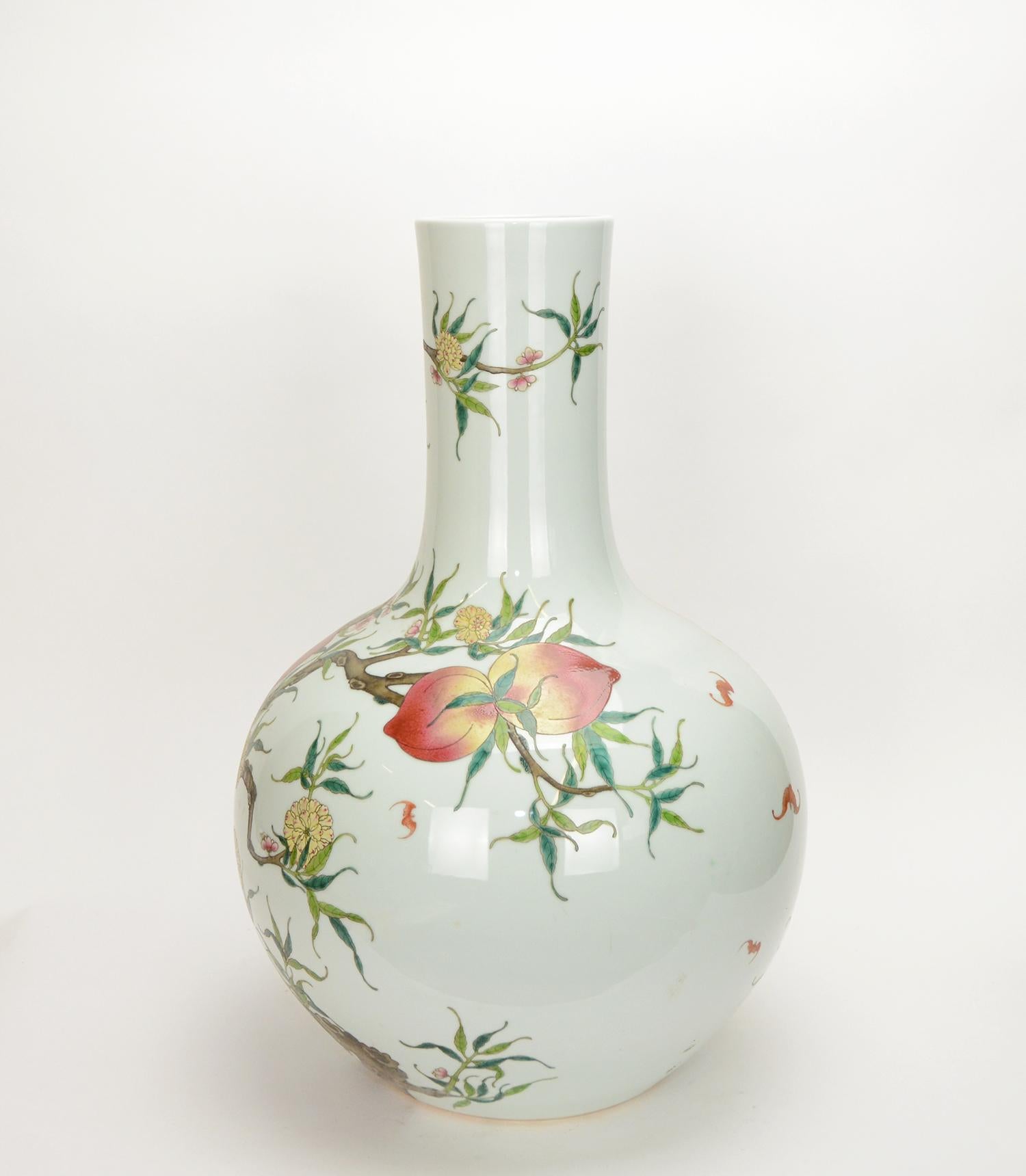 Hand-Crafted Massive Chinese Qing Style Famille Rose Longevity Peach Globular Porcelain Vase For Sale