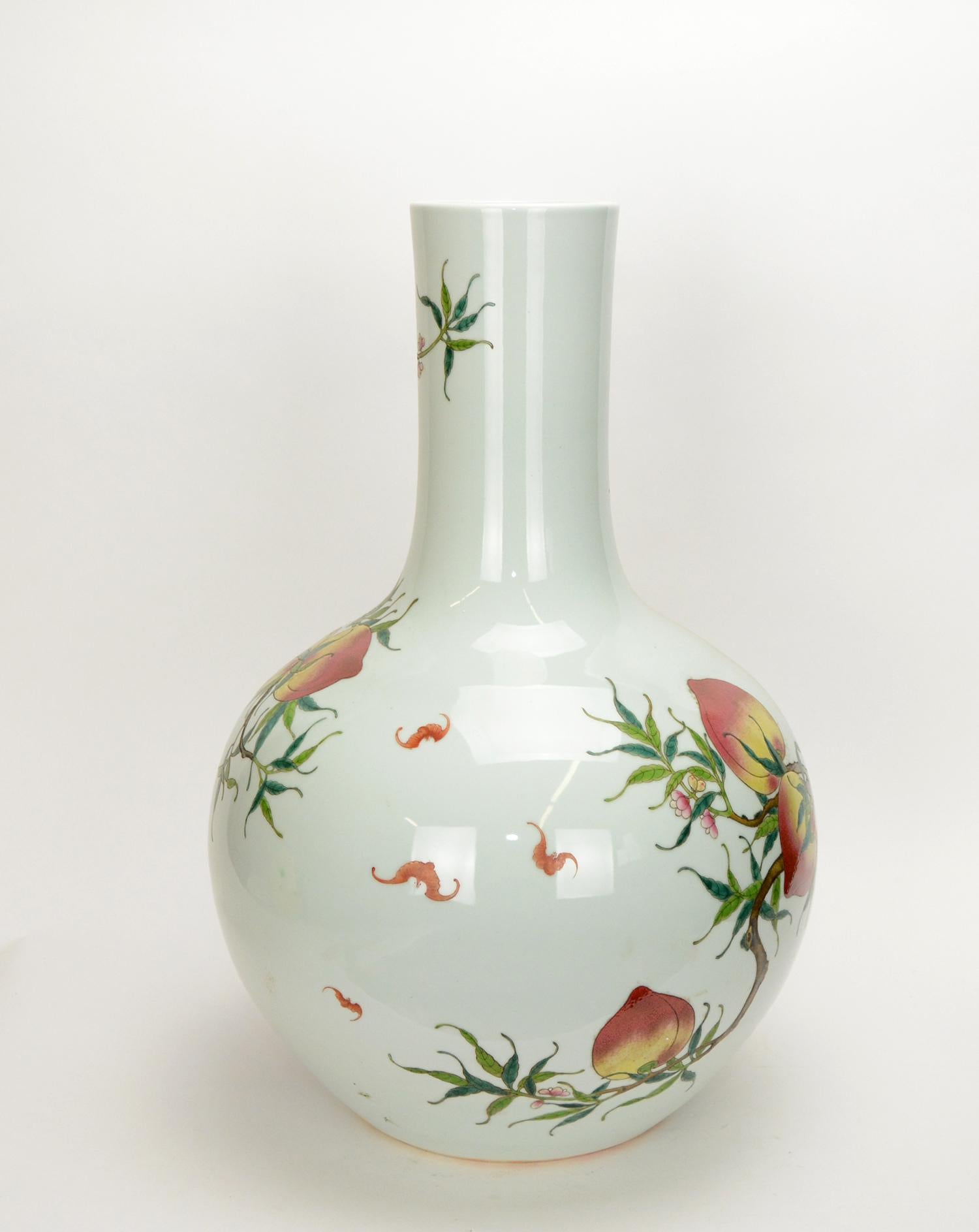 Massive Chinese Qing Style Famille Rose Longevity Peach Globular Porcelain Vase In Excellent Condition For Sale In Danville, CA