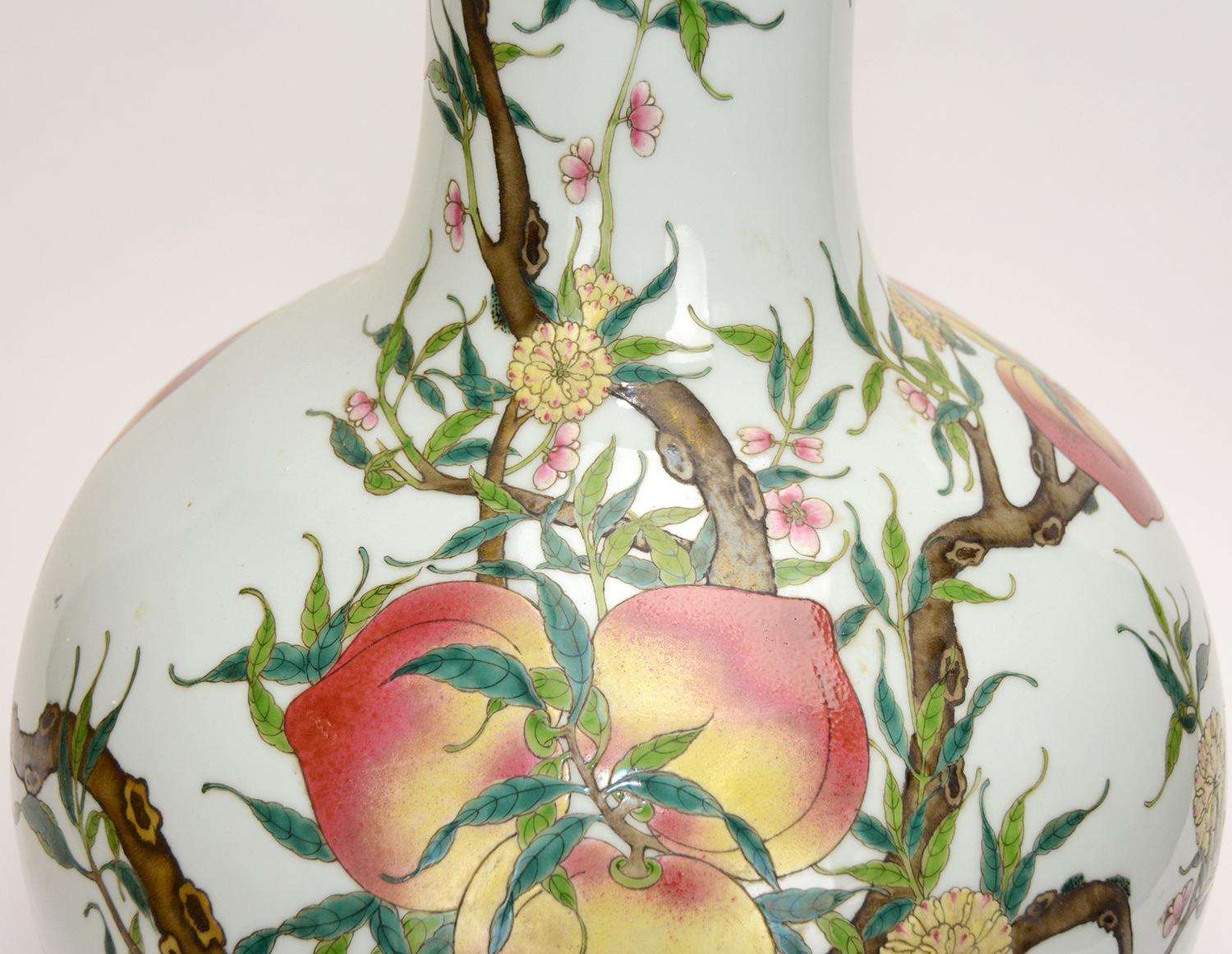 Massive Chinese Qing Style Famille Rose Longevity Peach Globular Porcelain Vase For Sale 2