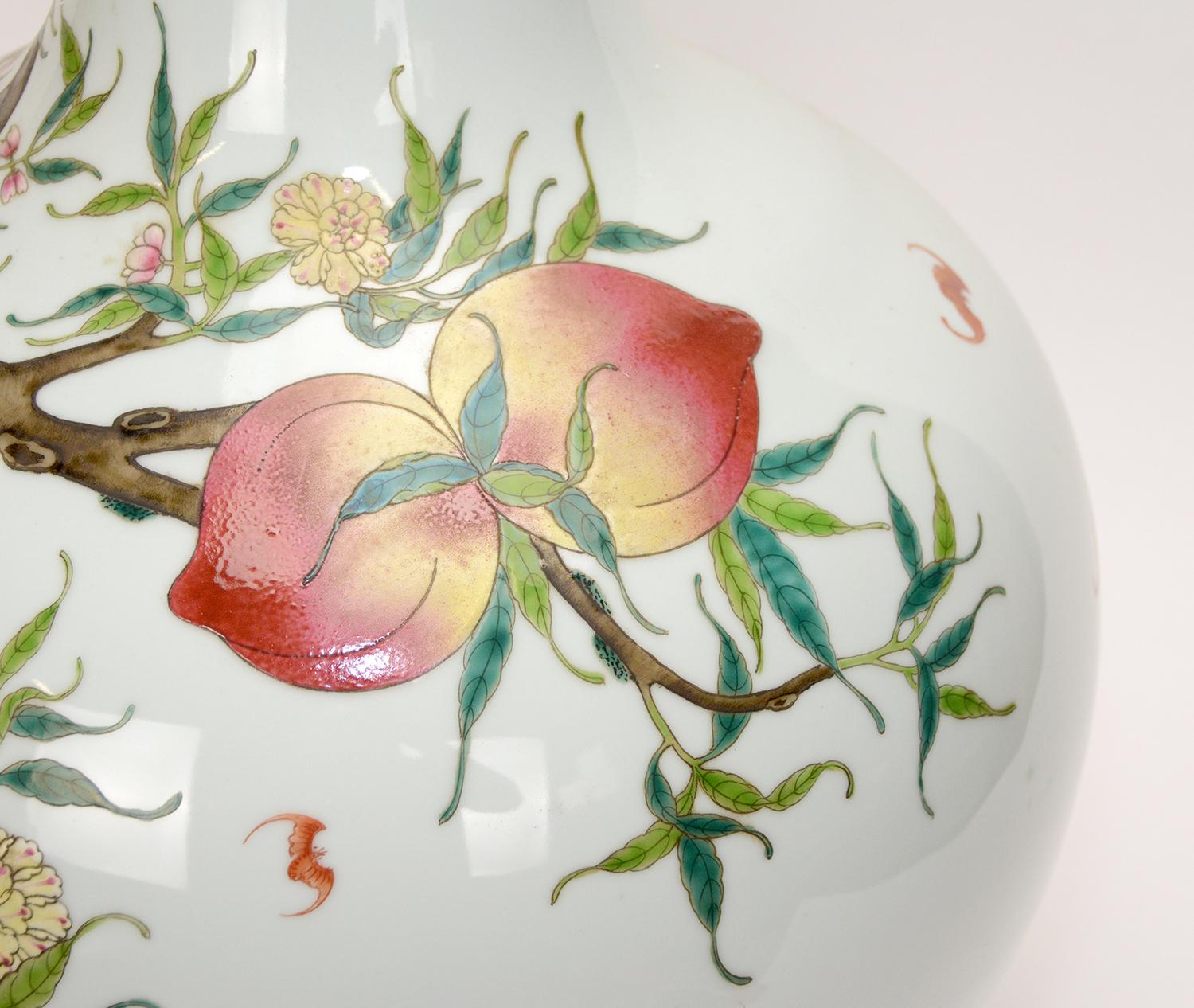 Massive Chinese Qing Style Famille Rose Longevity Peach Globular Porcelain Vase For Sale 4