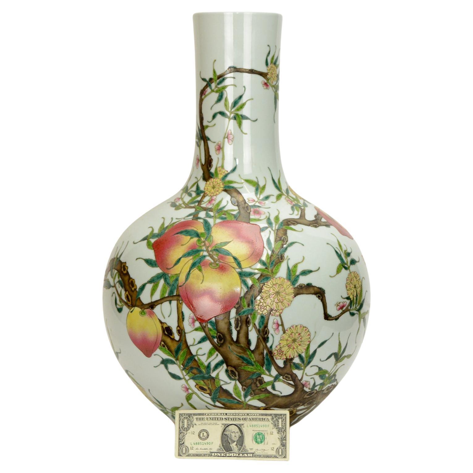 Massive Chinese Qing Style Famille Rose Longevity Peach Globular Porcelain Vase For Sale