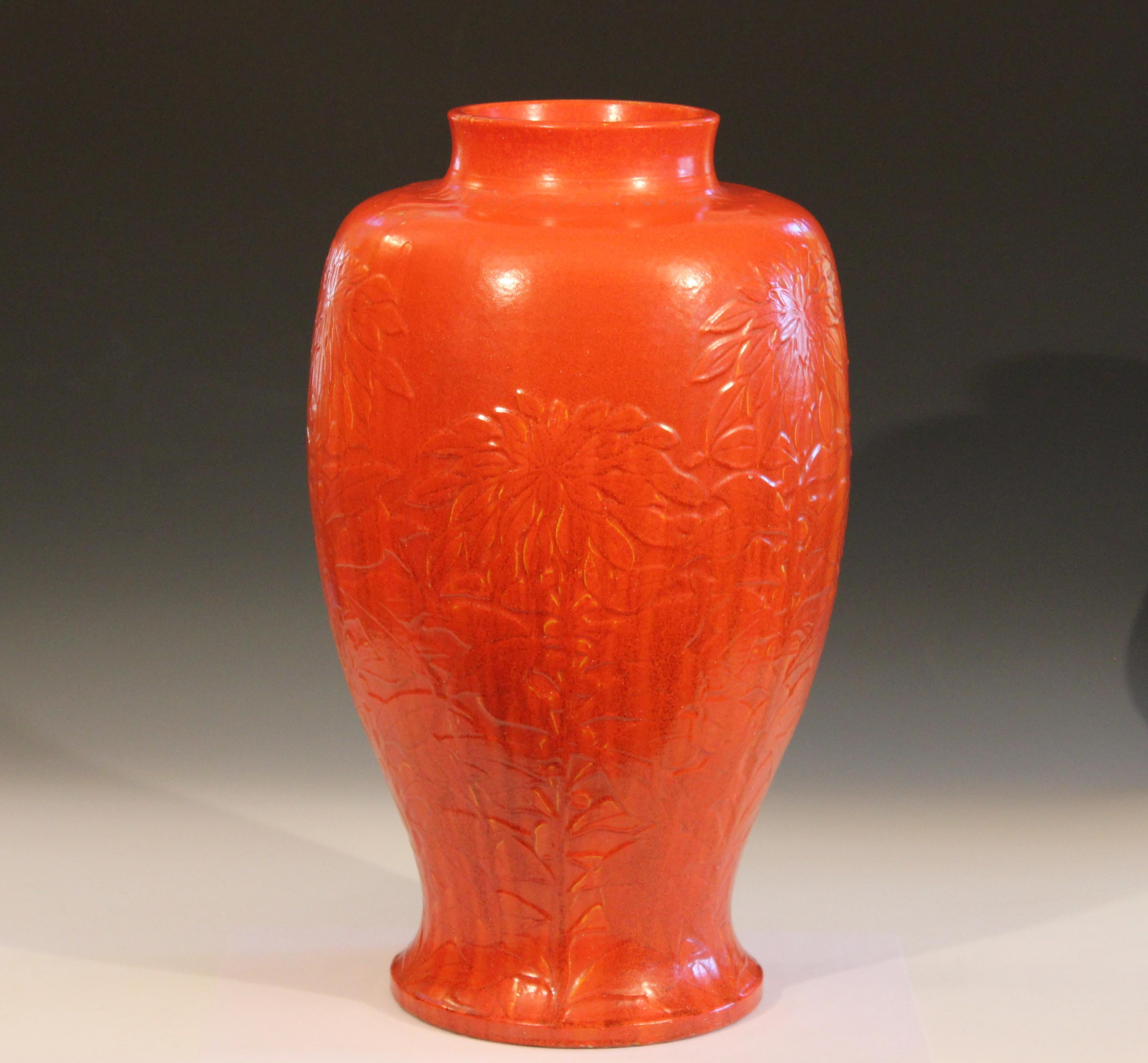 Mid-20th Century Massive Chrome Orange Awaji Pottery Art Deco Chrysanthemum Vase For Sale