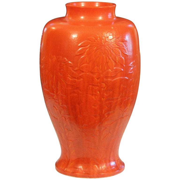 Massive Chrome Orange Awaji Pottery Art Deco Chrysanthemum Vase For