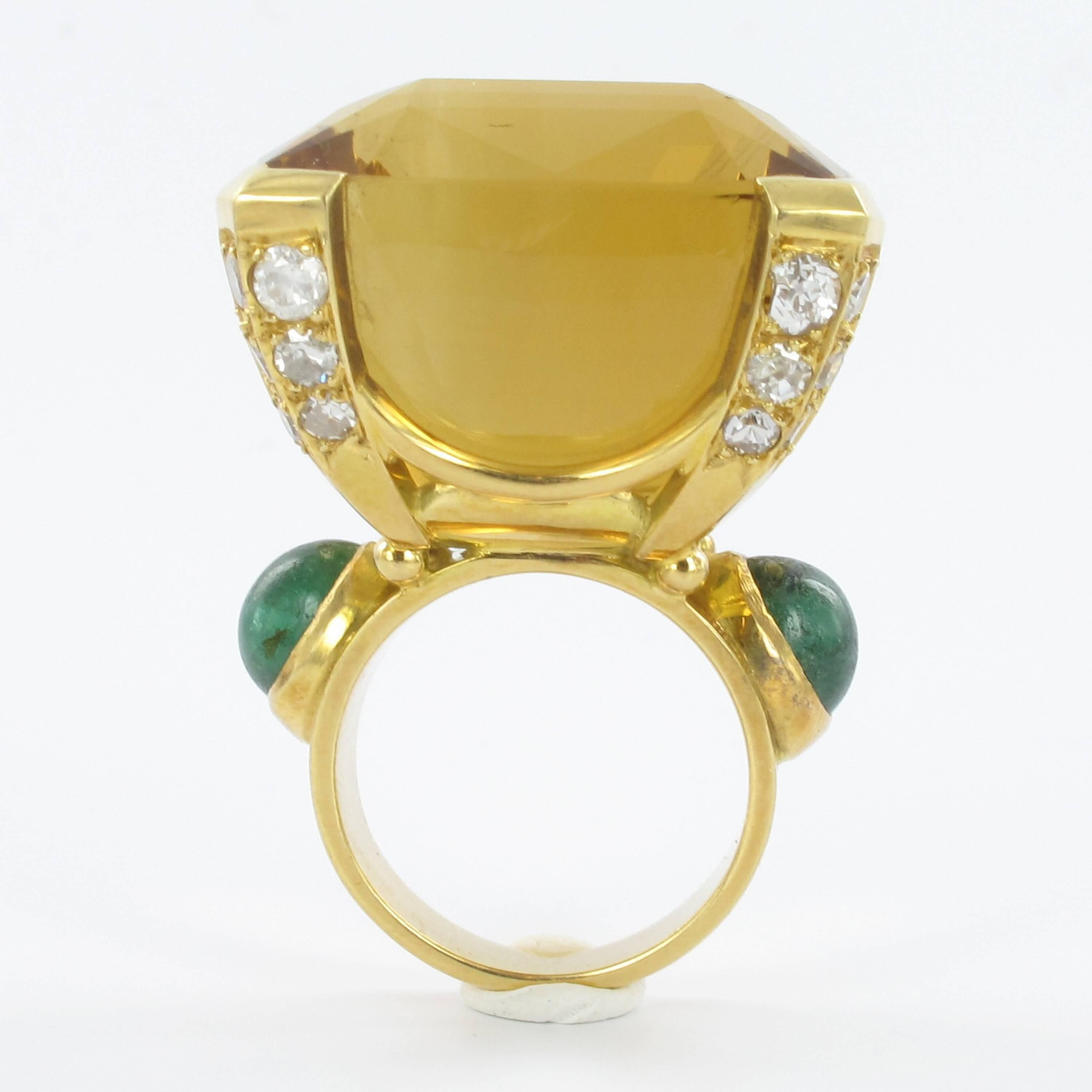 Women's or Men's Massive Citrine and Diamond Yellow Gold Ring