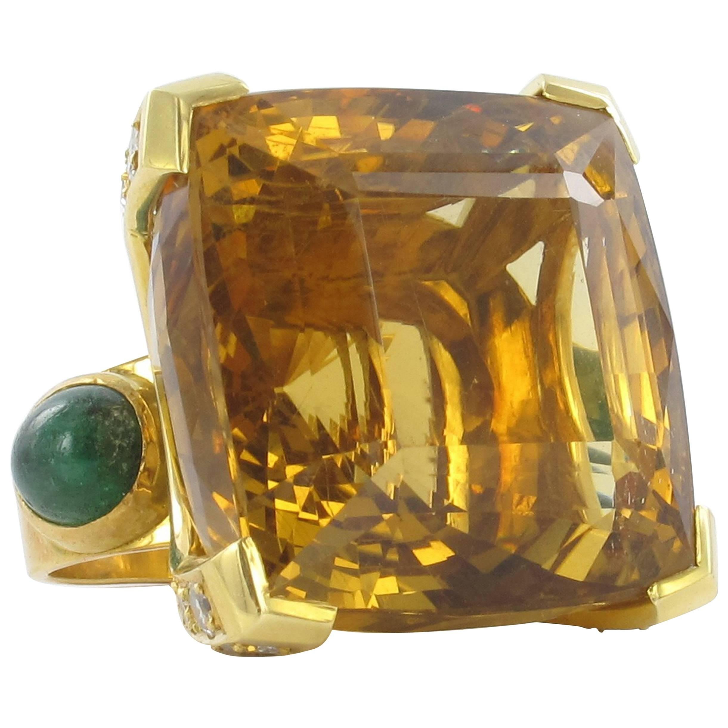 Massive Citrine and Diamond Yellow Gold Ring