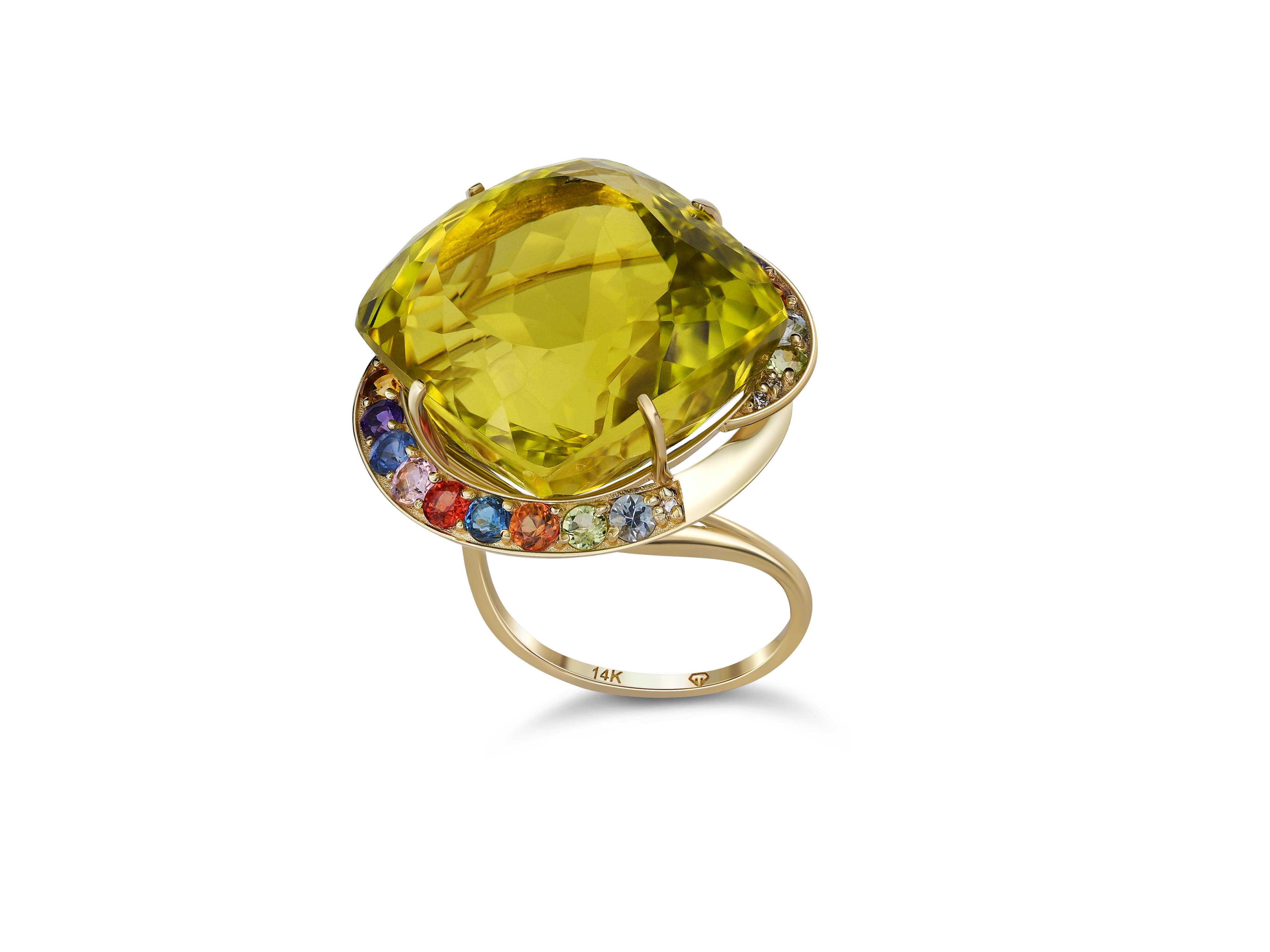 Modern Massive citrine ring with colored gemstones in 14 kt gold. For Sale