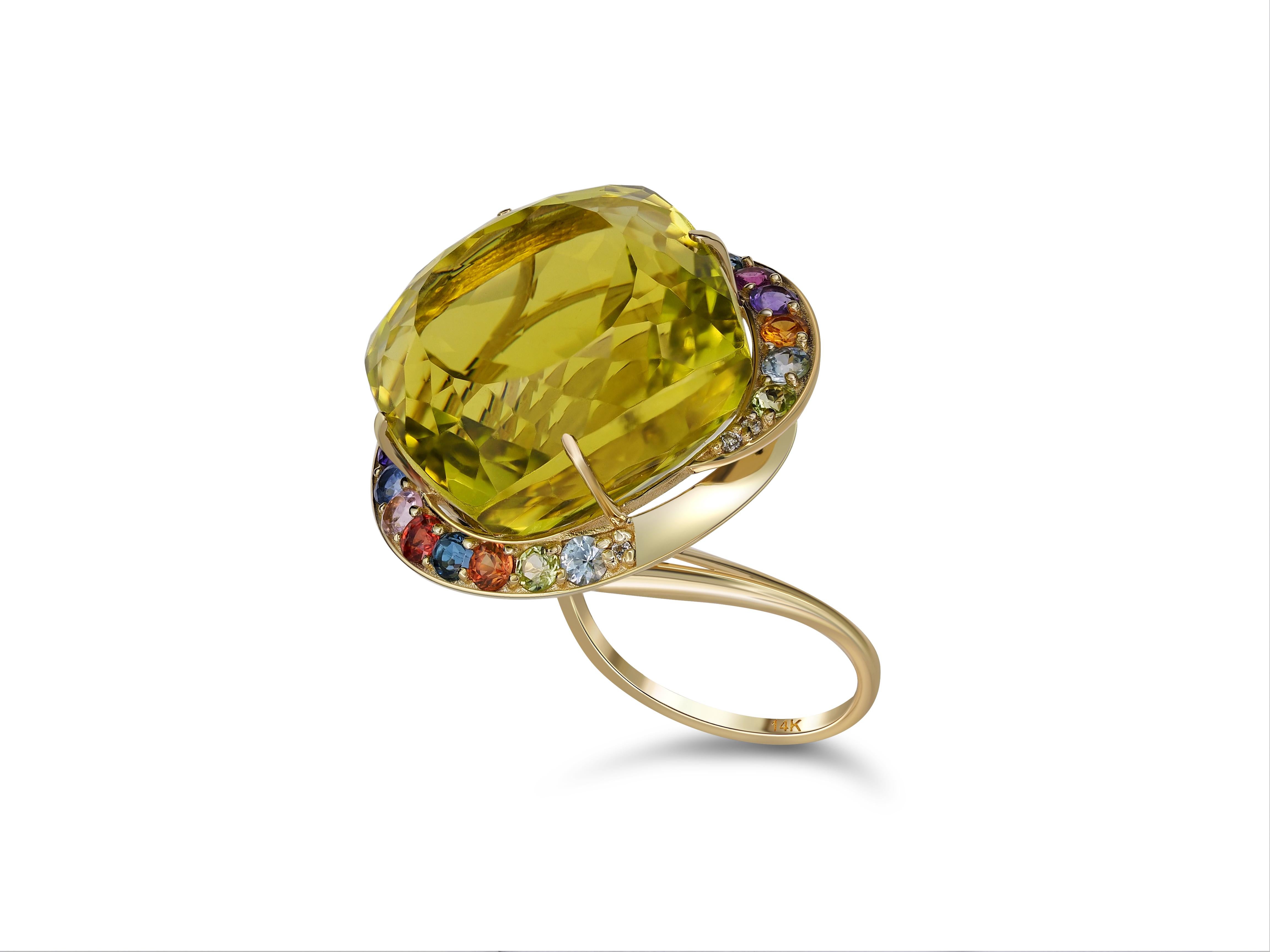 Cushion Cut Massive citrine ring with colored gemstones in 14 kt gold. For Sale