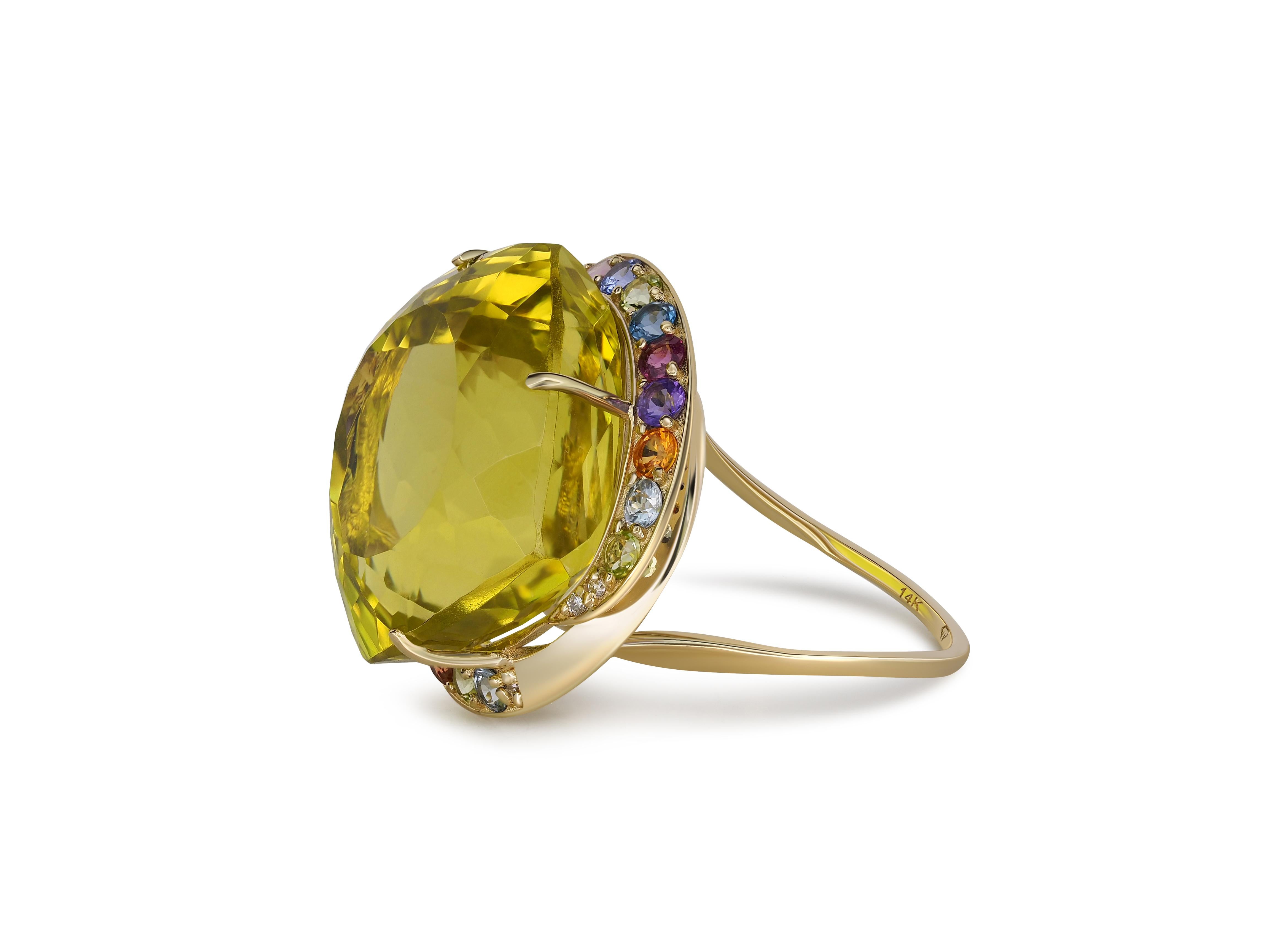 Massive citrine ring with colored gemstones in 14 kt gold. In New Condition For Sale In Istanbul, TR
