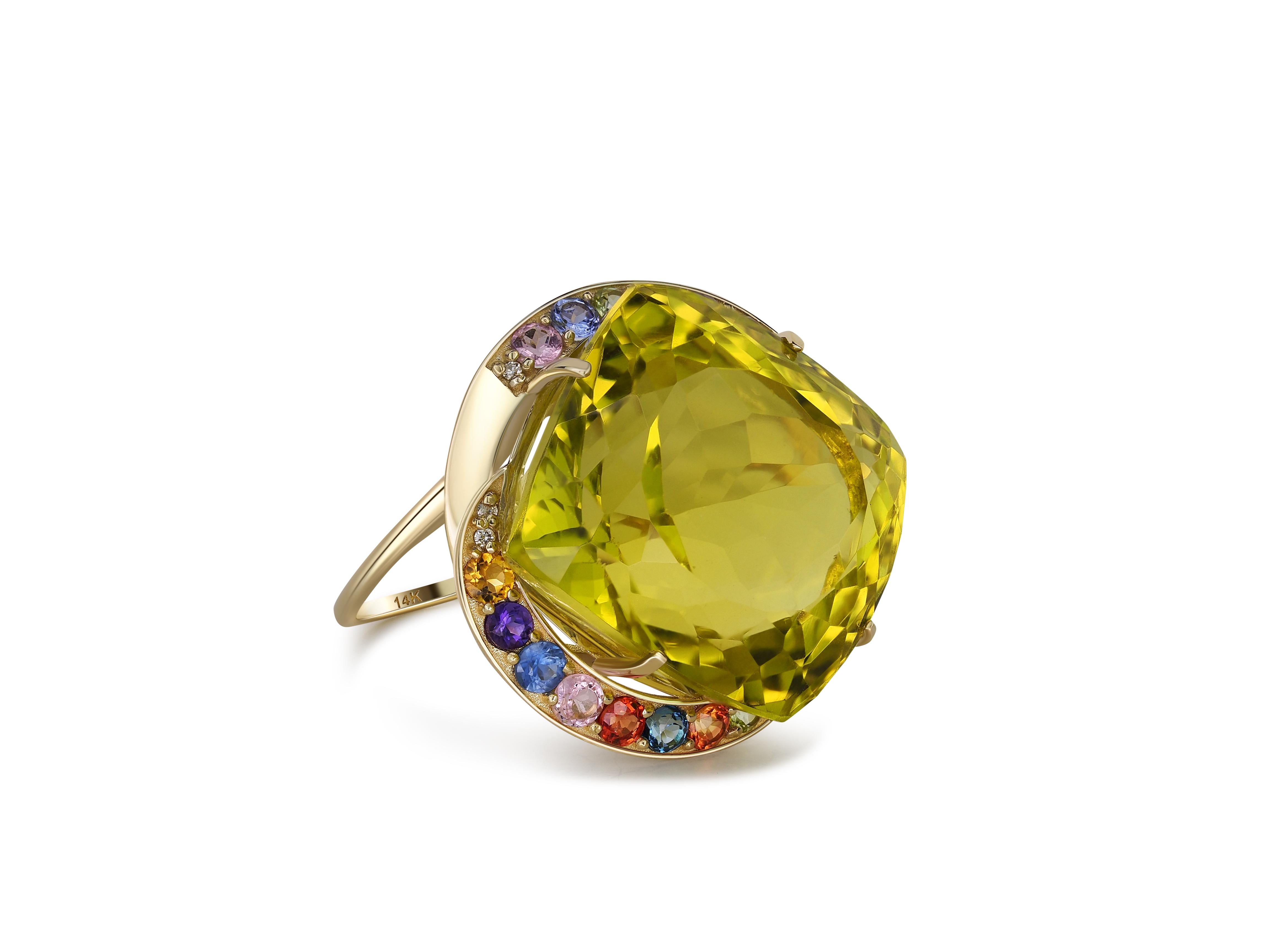 Women's Massive citrine ring with colored gemstones in 14 kt gold. For Sale