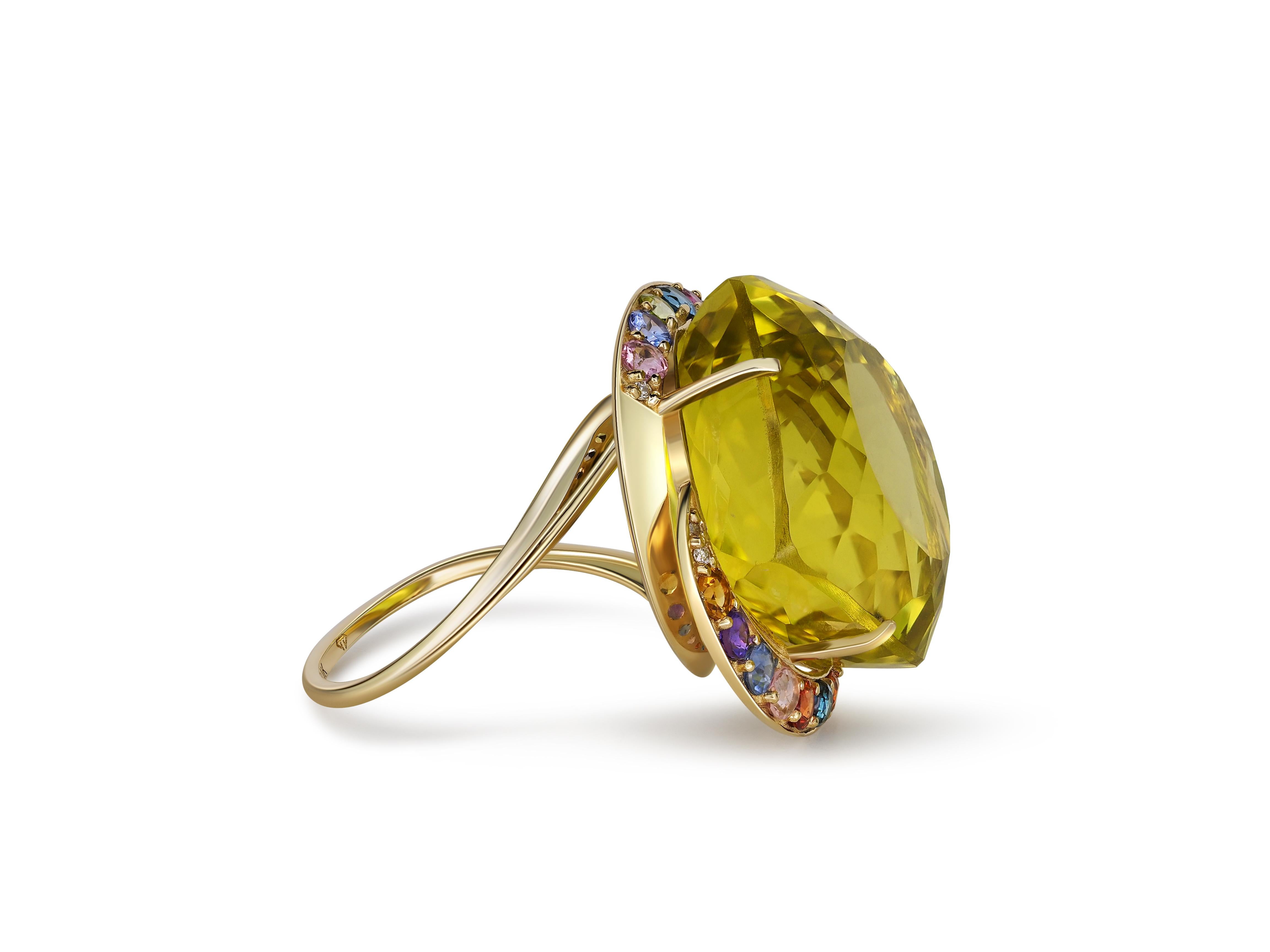 Massive citrine ring with colored gemstones in 14 kt gold. For Sale 1