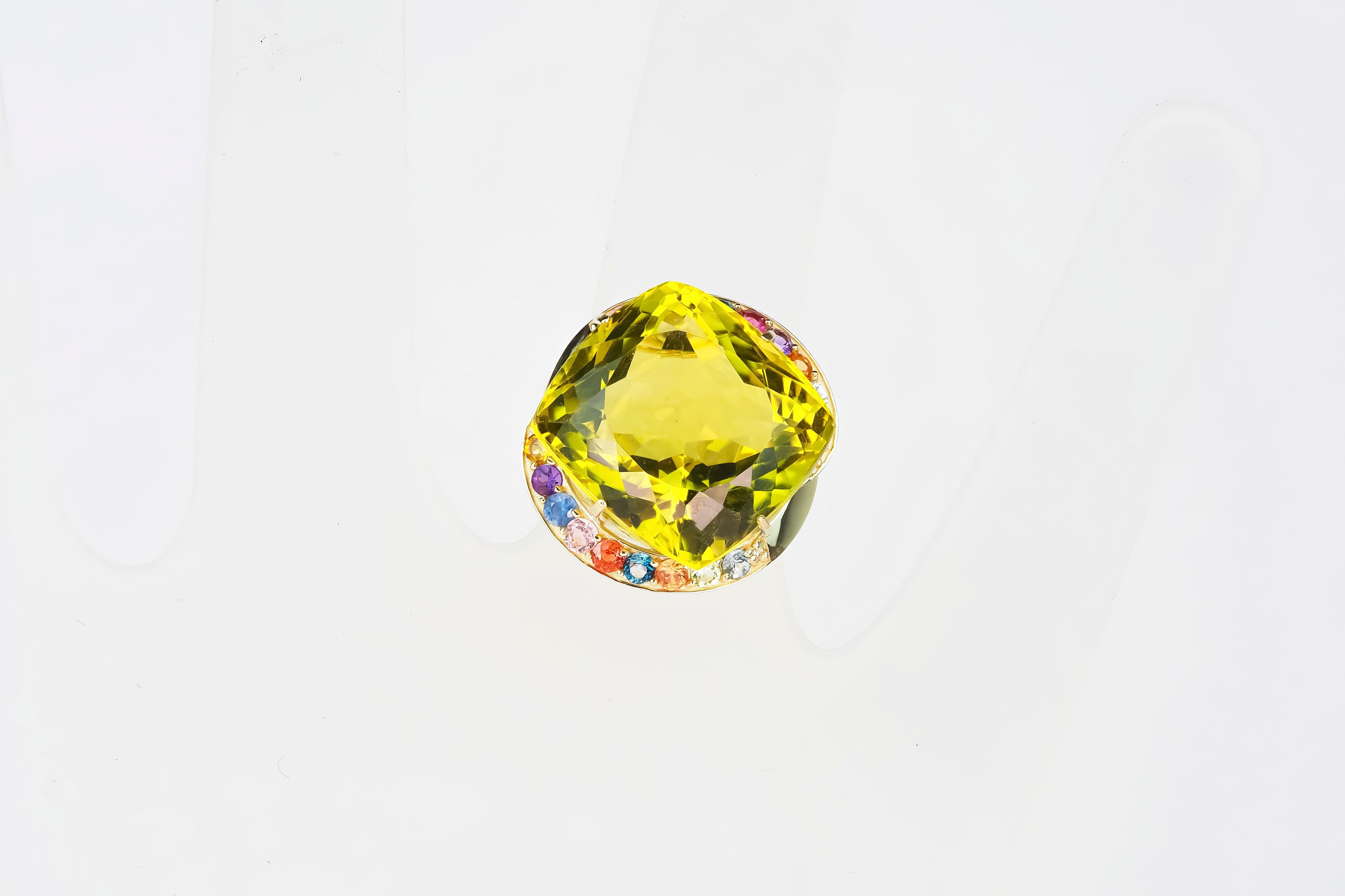 Massive citrine ring with colored gemstones in 14 kt gold. For Sale 2