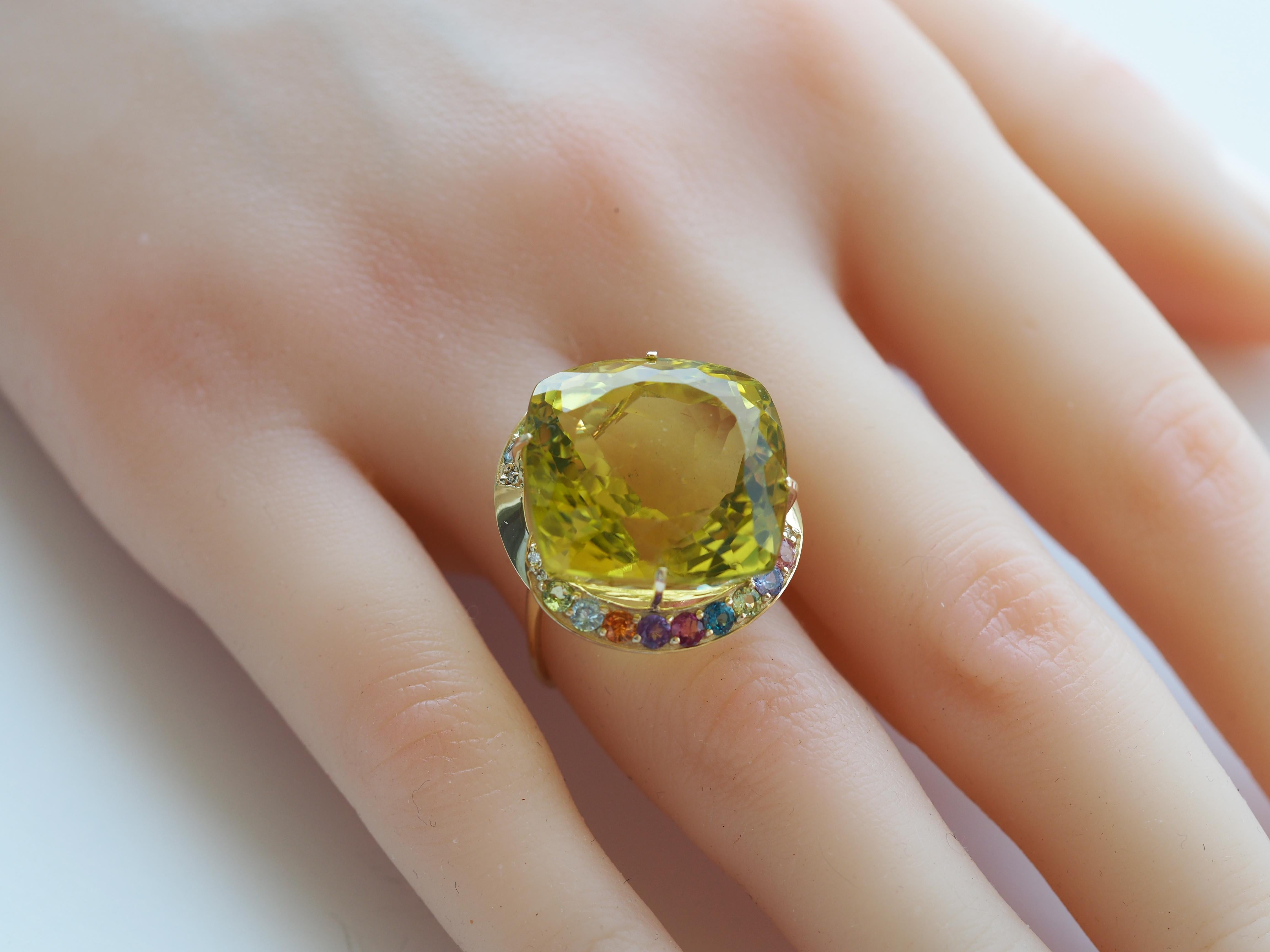 Massive citrine ring with colored gemstones in 14 kt gold. For Sale 3