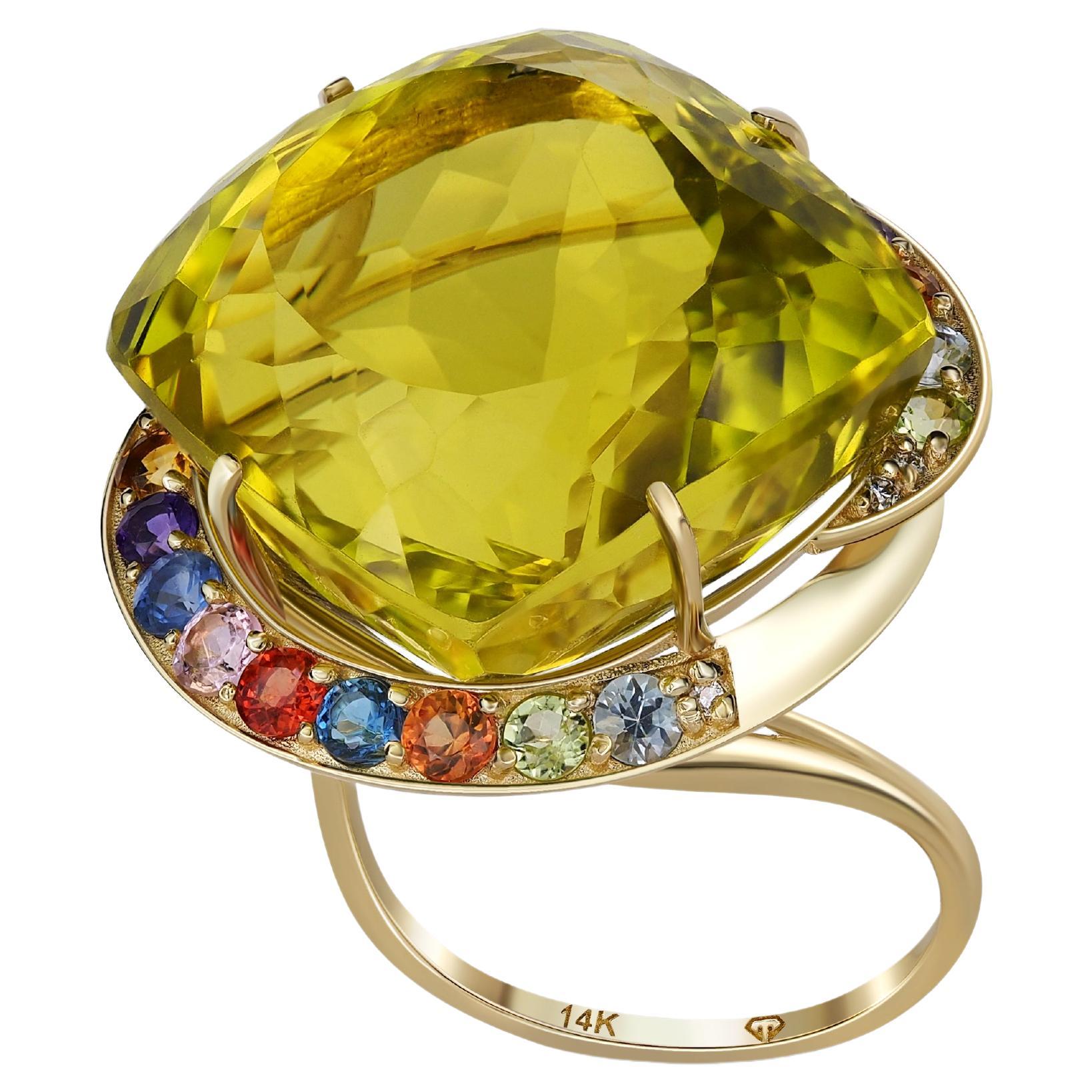 Massive citrine ring with colored gemstones in 14 kt gold. For Sale