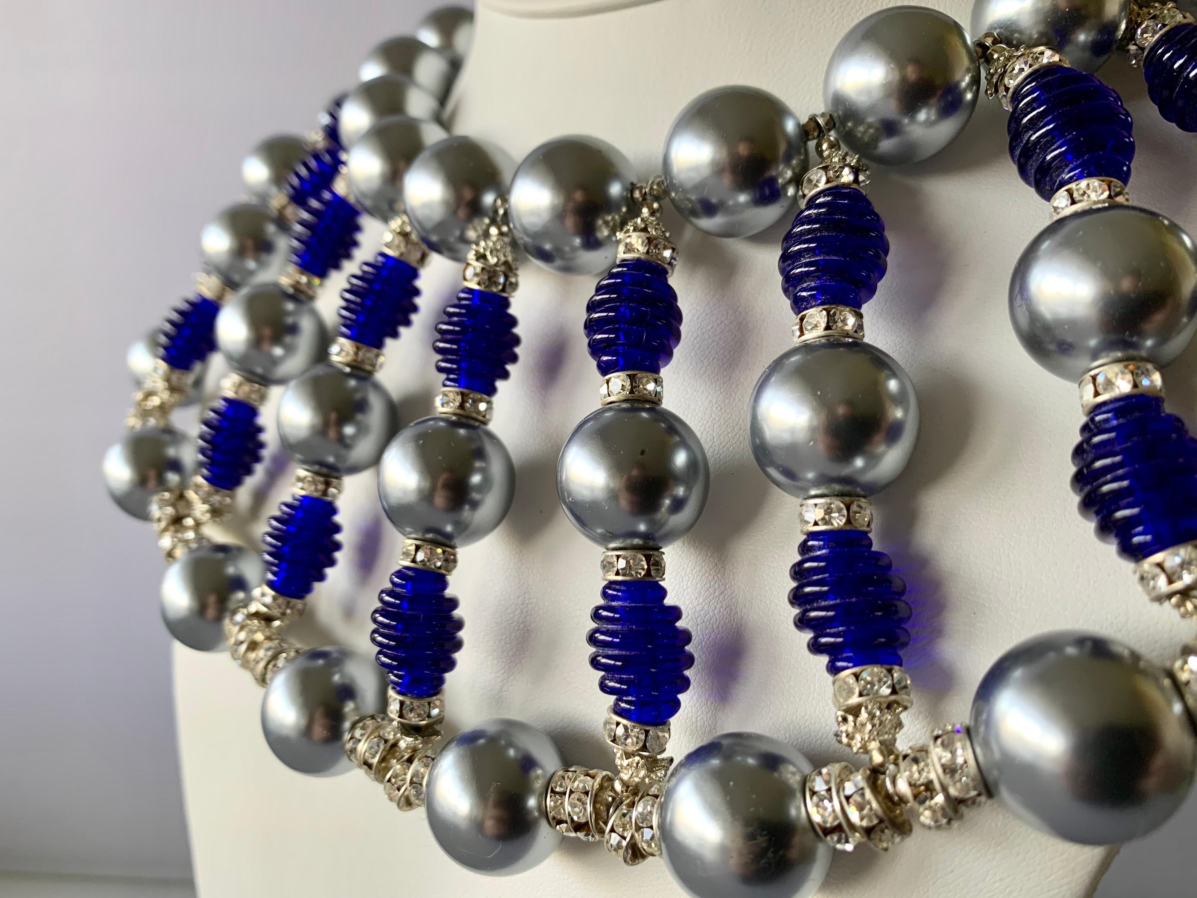 Egyptian Revival Massive Cobalt Blue, Diamante, and Grey Pearl Bib Necklace