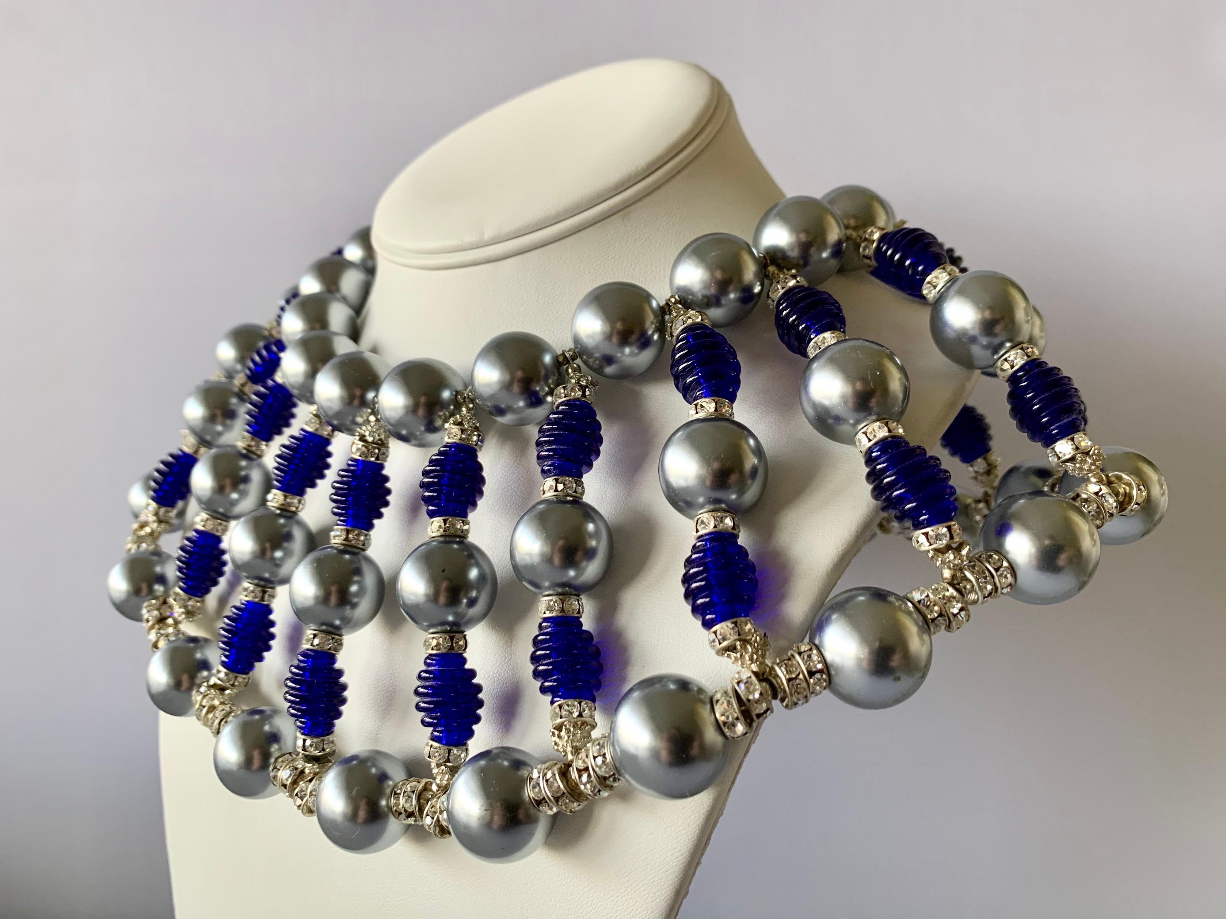 Ball Cut Massive Cobalt Blue, Diamante, and Grey Pearl Bib Necklace