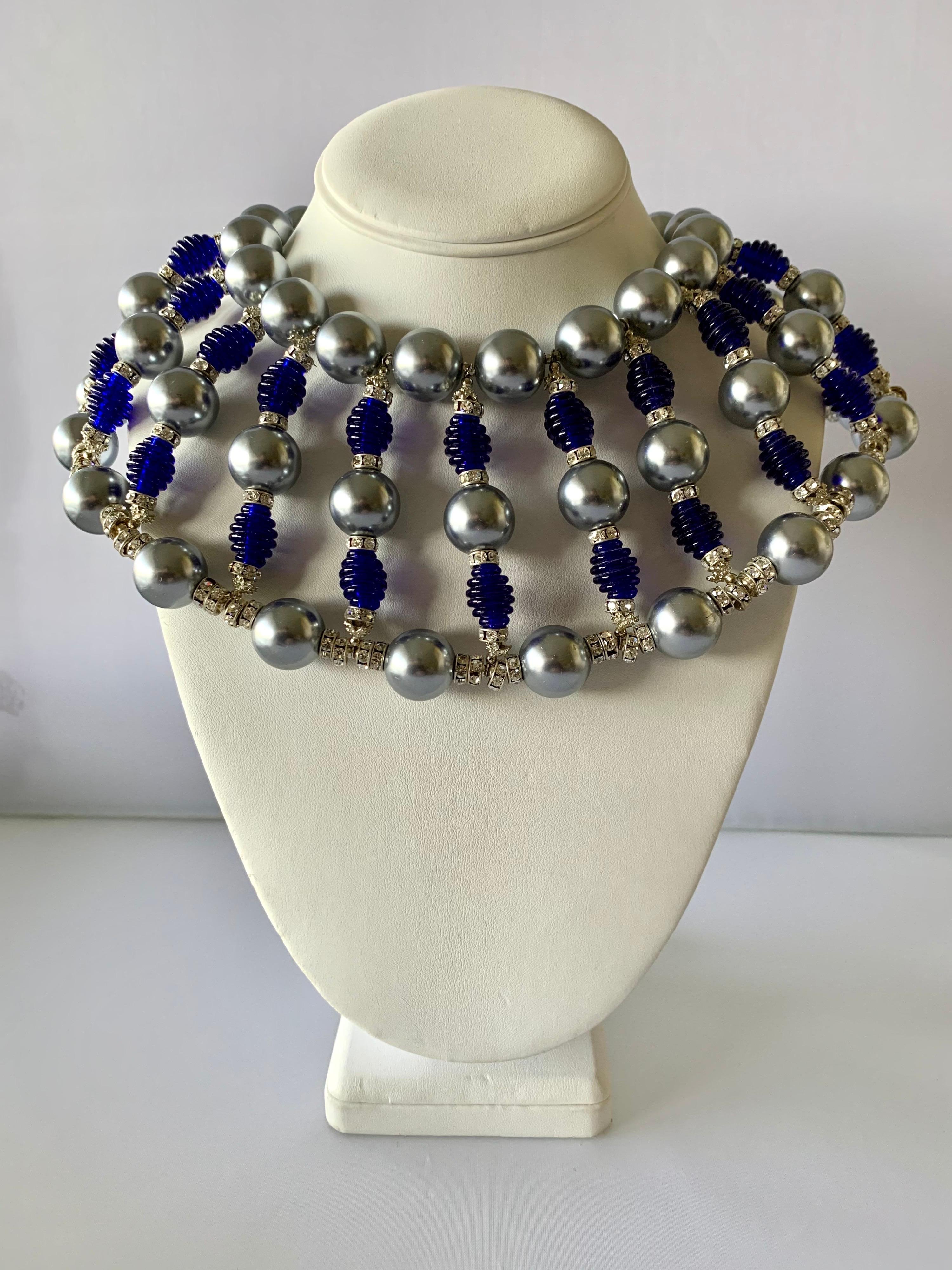 Massive Cobalt Blue, Diamante, and Grey Pearl Bib Necklace In Excellent Condition In Palm Springs, CA