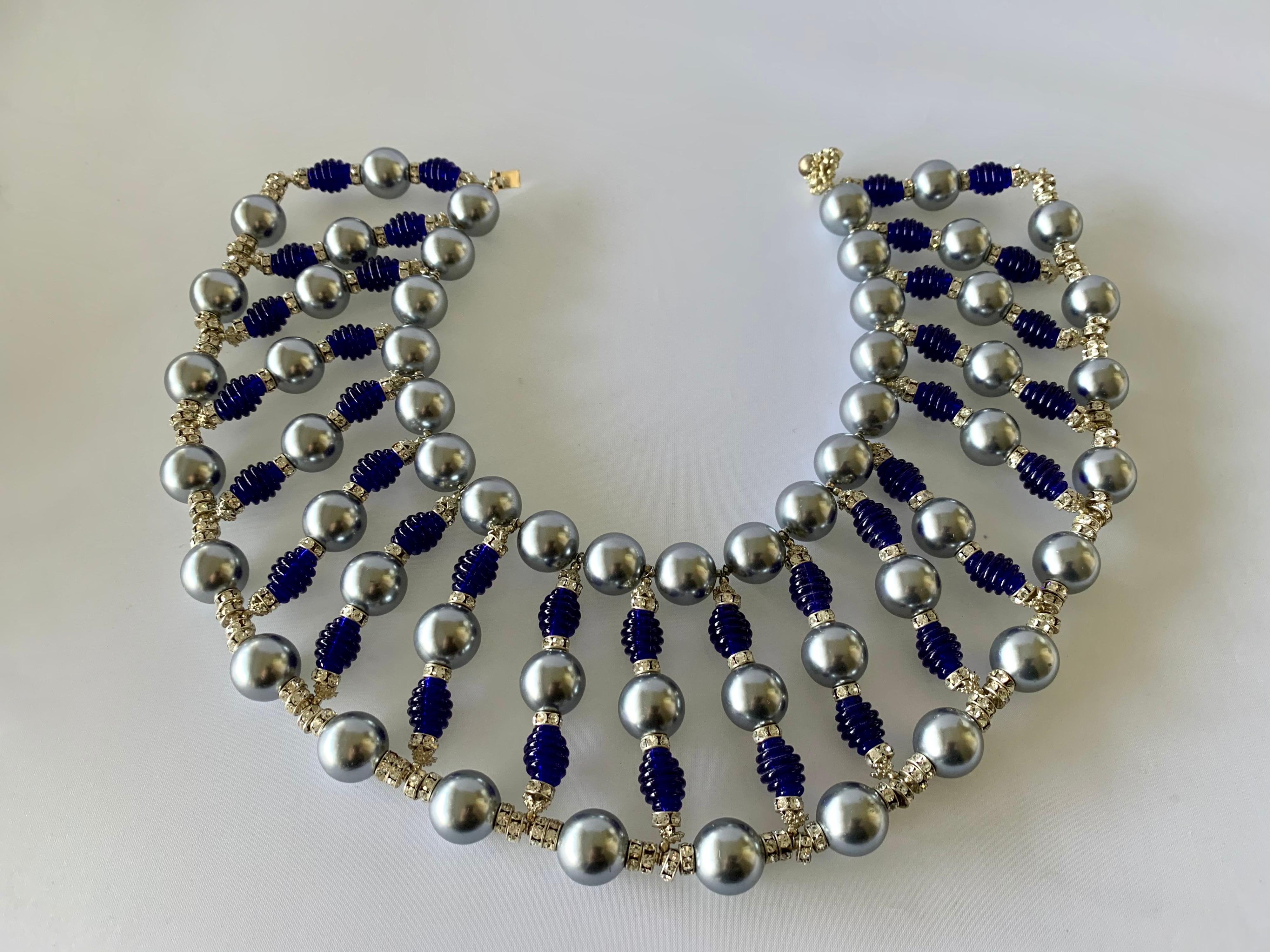 Women's Massive Cobalt Blue, Diamante, and Grey Pearl Bib Necklace